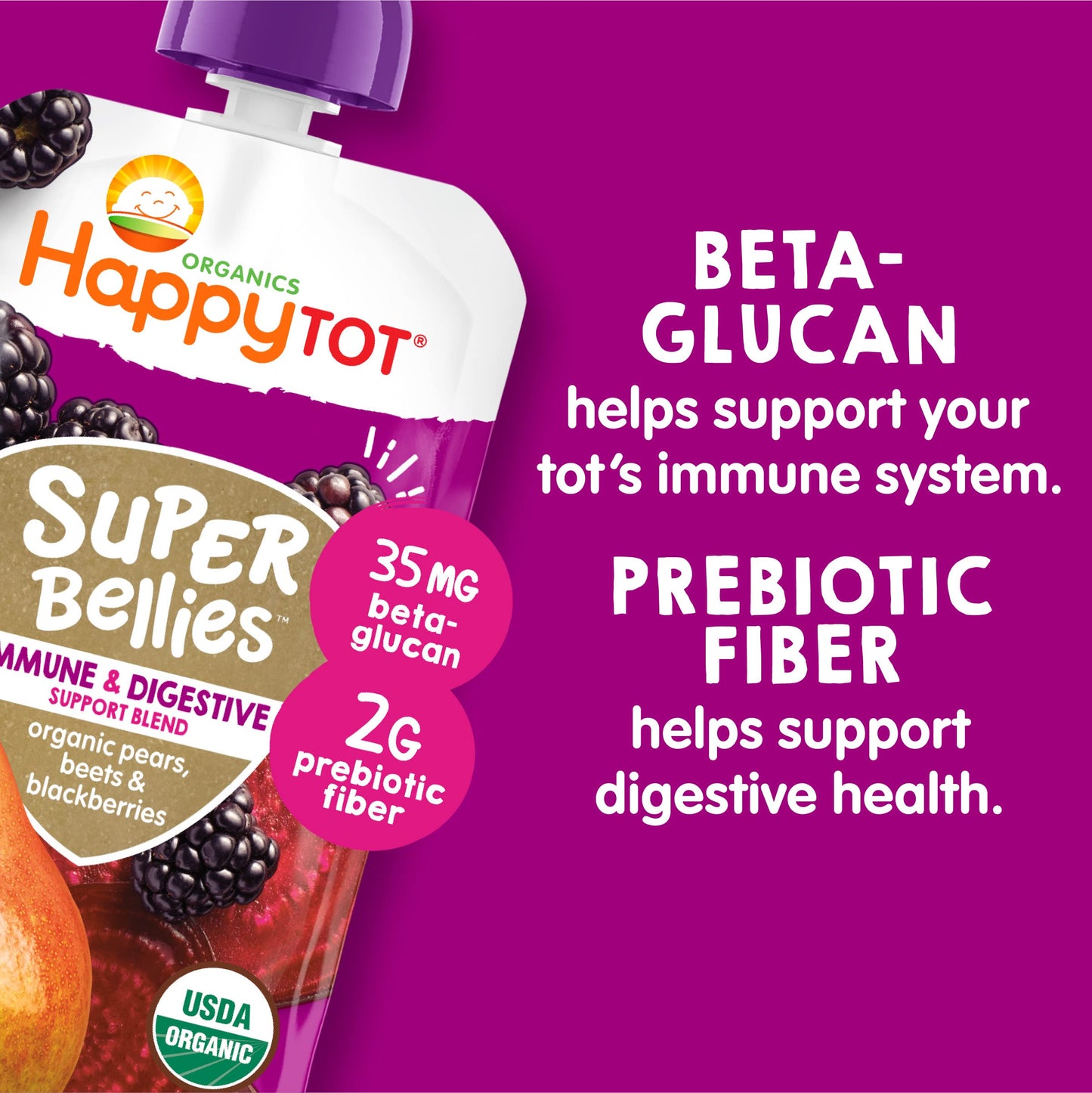 Happy Tot Organics Stage 4 Baby Food Pouches, Gluten Free, Vegan Snack, Super Bellies, Fruit & Veggie Puree, Pears, Beets & Blac