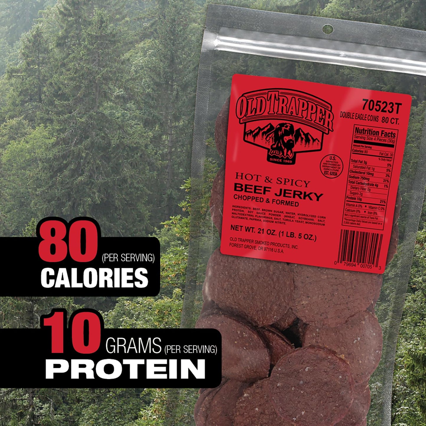 Old Trapper Beef Jerky, Hot & Spicy, 21oz, 10g Protein, Natural Wood Smoked, 80 Calories per Serving, Pack of 1