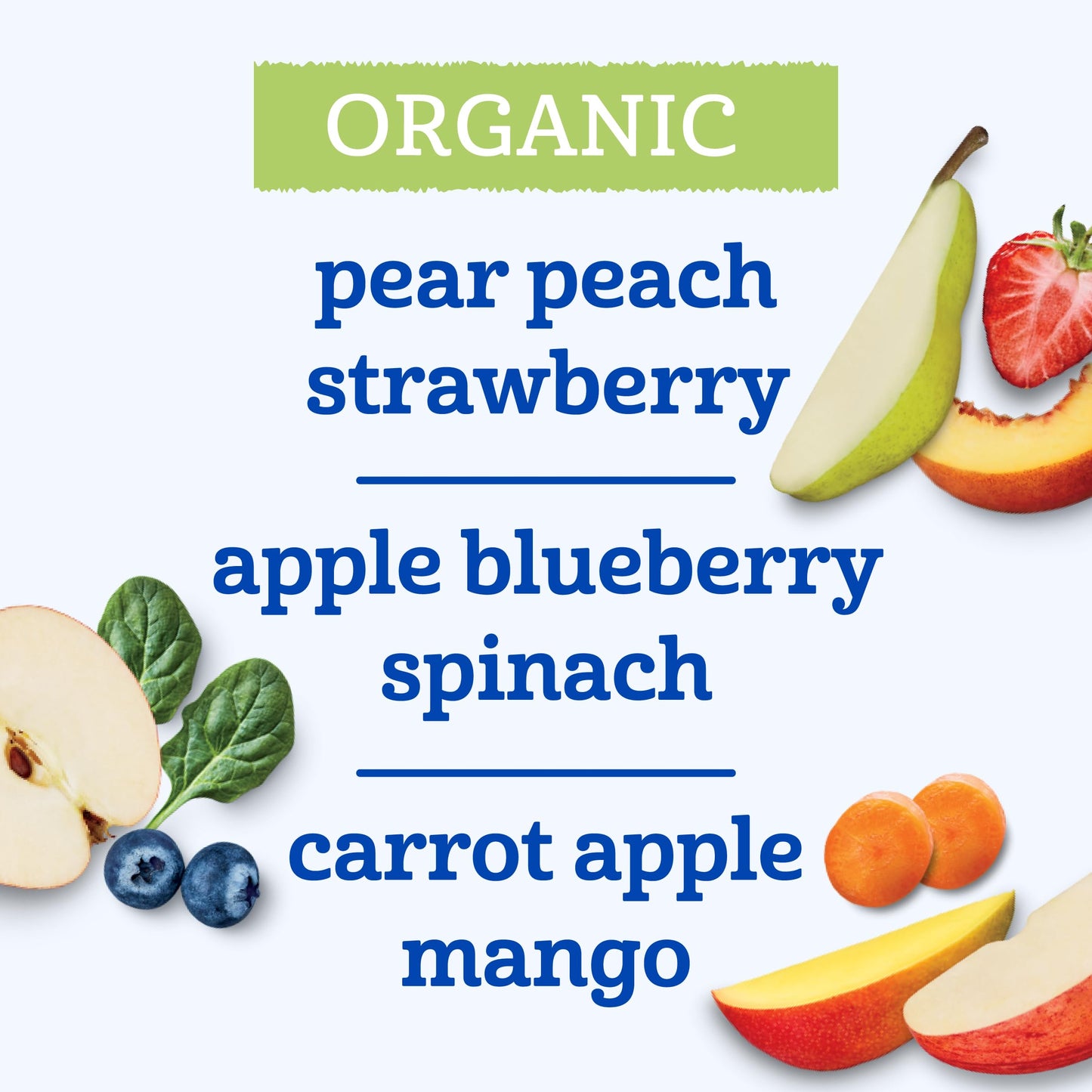 Gerber Stage 2 Baby Food, Organic Apple Blueberry Spinach, Pear Peach Strawberry, And Carrot Apple Mango Puree Pouches, 18-Pack