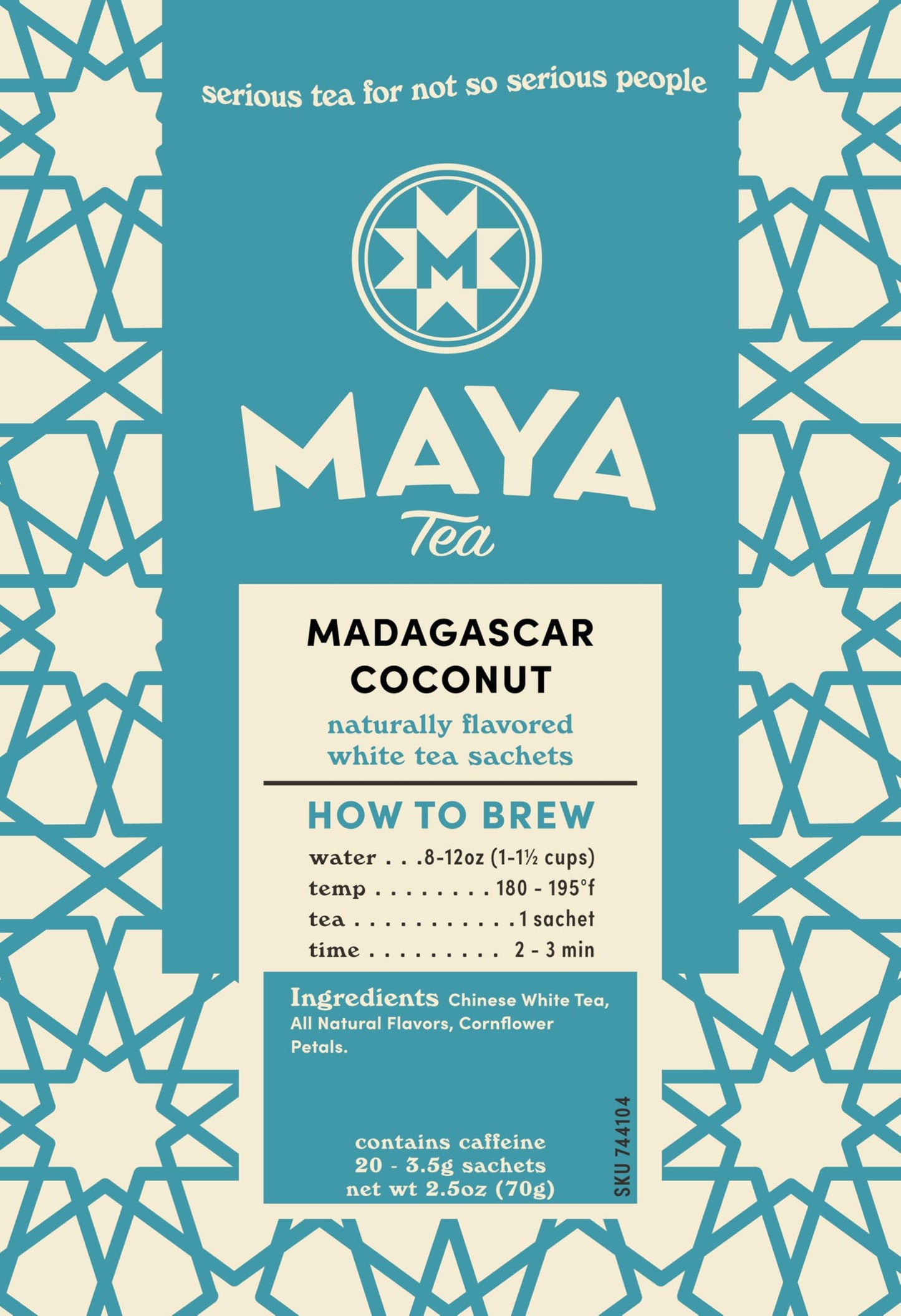 Maya Tea Madagascar Coconut White Tea Sachets, All Natural, Caffeinated, Pack of 20