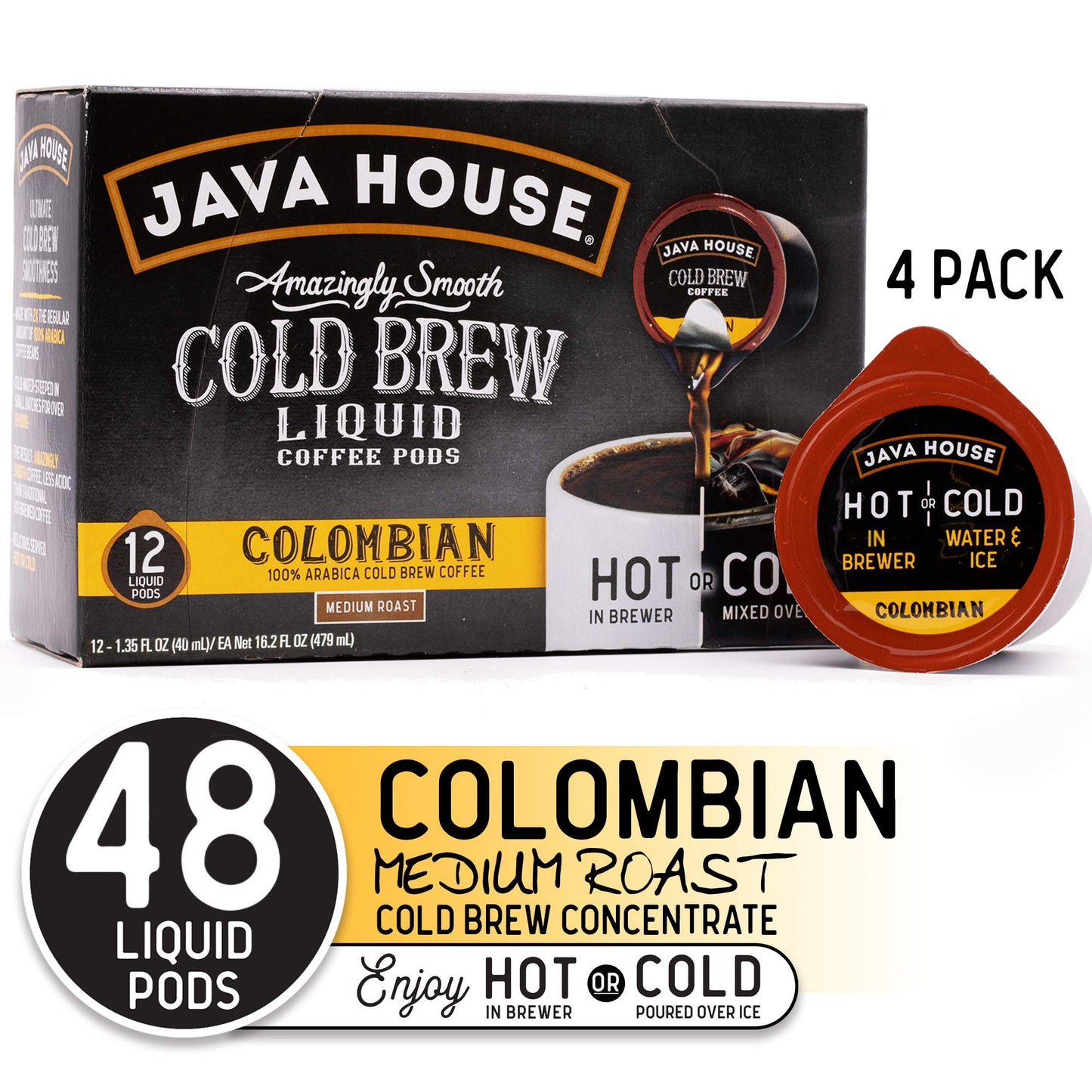 Java House Cold Brew Coffee Concentrate Single Serve Liquid Pods Colombian, 48 Count (Pack Of 4)
