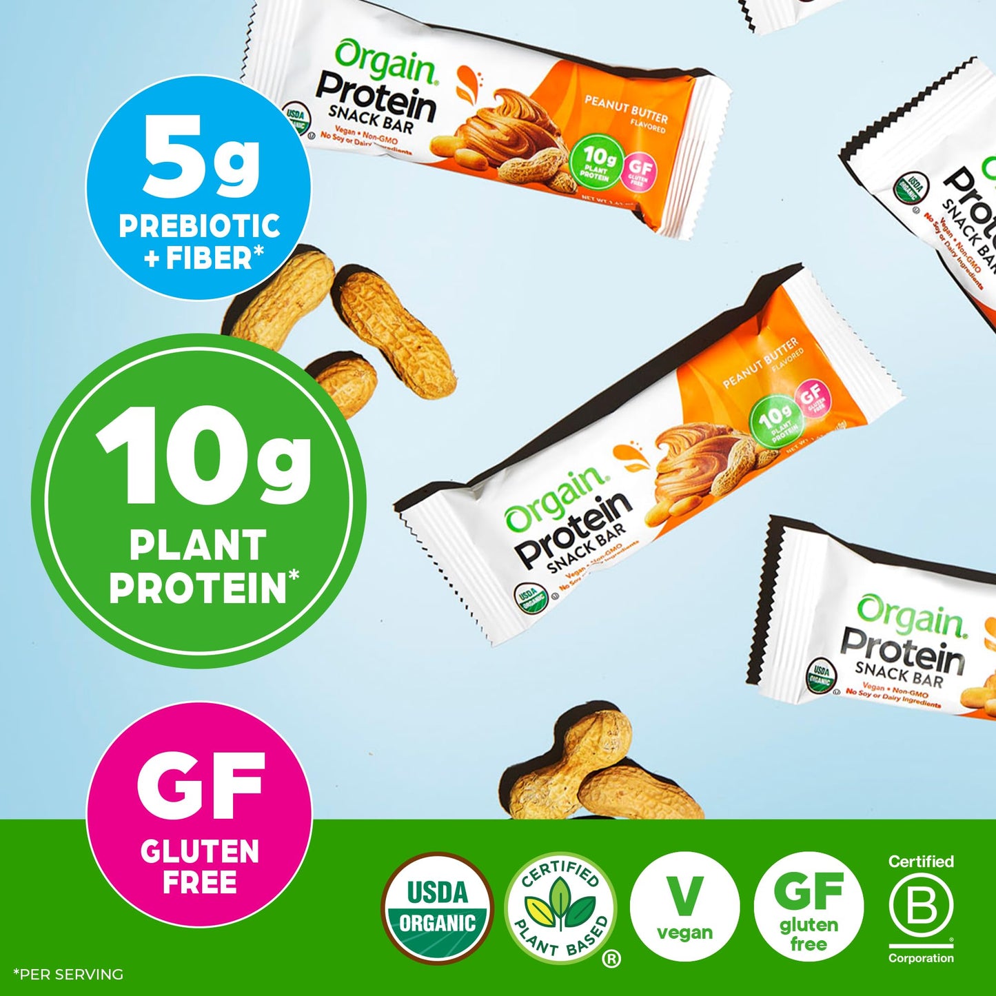 Orgain Organic Vegan Protein Bars, Peanut Butter, 10g Protein, Gluten Free, Non-GMO, Pack of 12