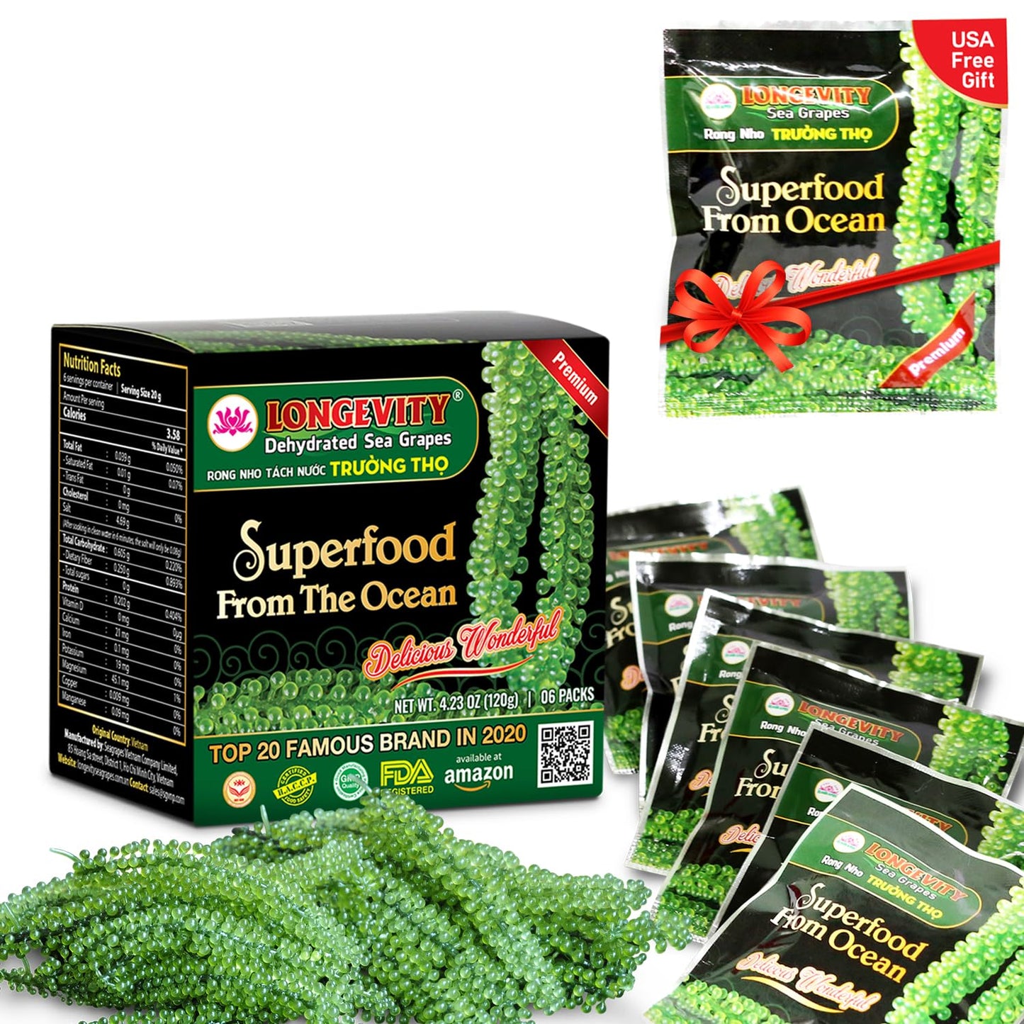 Longevity Dehydrated Sea Grapes, 4.23 Oz Of 6 Packs, Umibudo Green Caviar, Lato Sea , Precious Gift From The Sea | Enhance Health, Boosting Immune System.