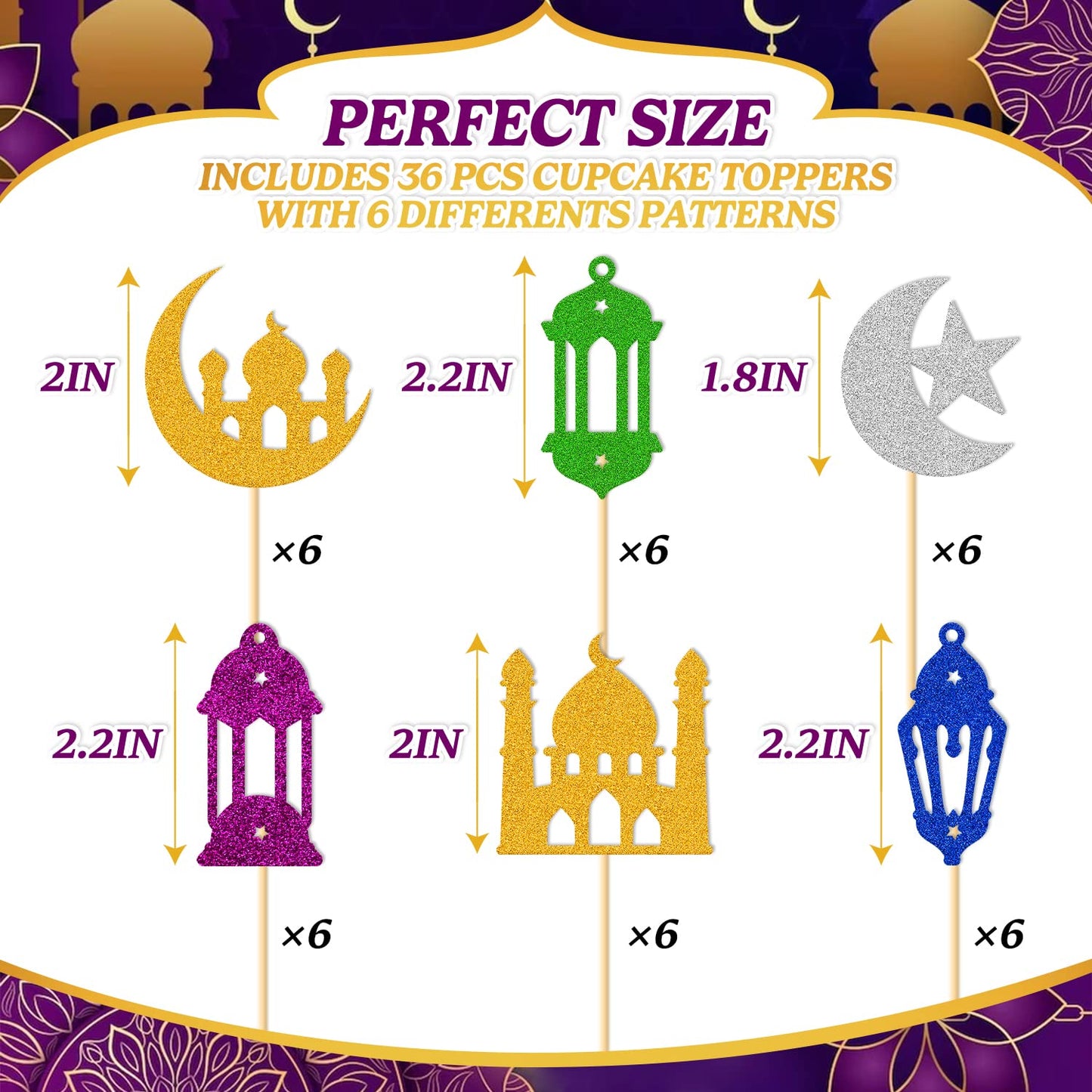 36 Pcs Eid Mubarak Cupcake Topper Star Moon Lantern Castle Theme Supplies For Muslim Islamic Eid Mubarak Festival Celebration Pa