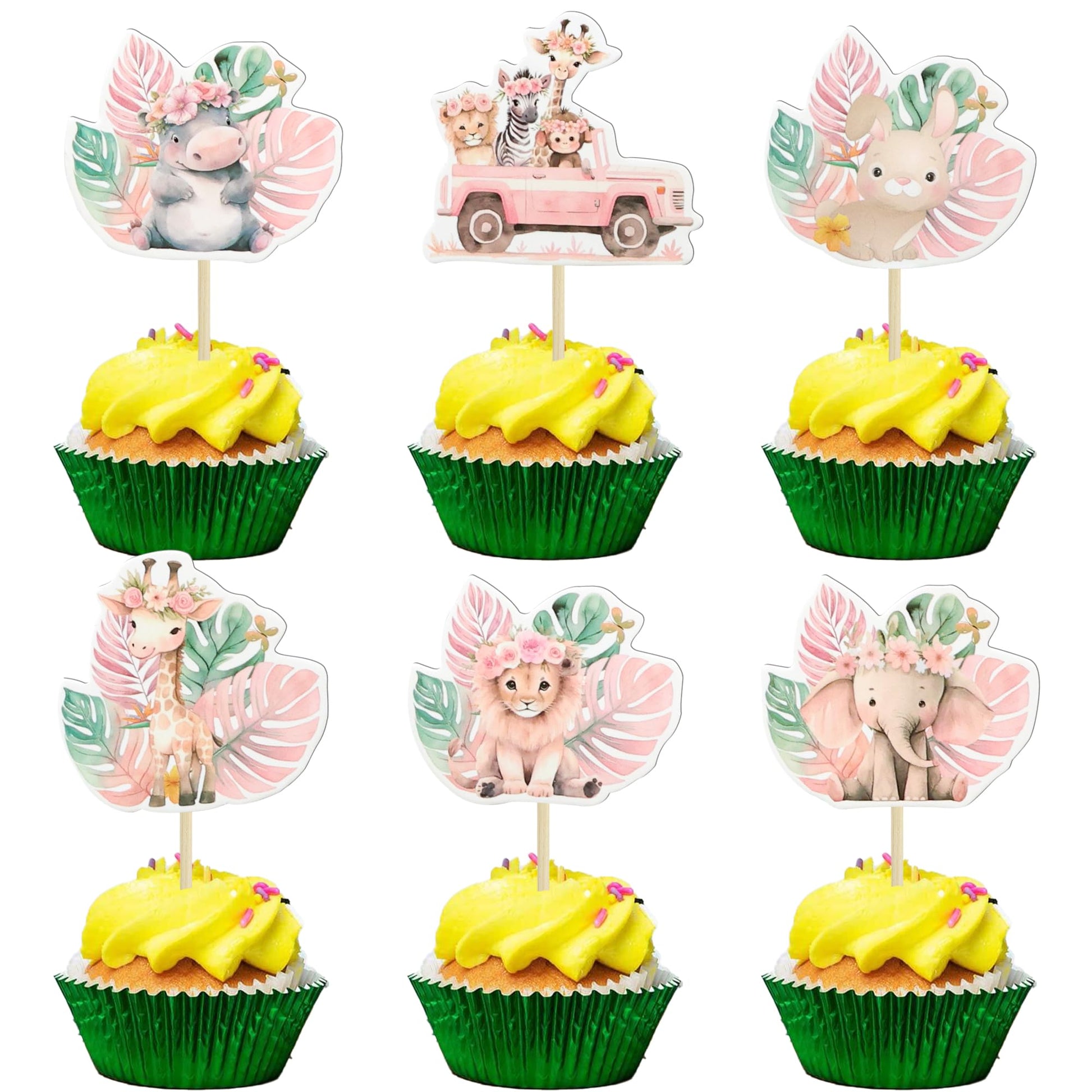 Gyufise 36Pcs Pink Safari Baby Shower Cupcake Topper Floral Jungle Animals Baby Cake Decorations Safari Theme Cupcakes Toppers F