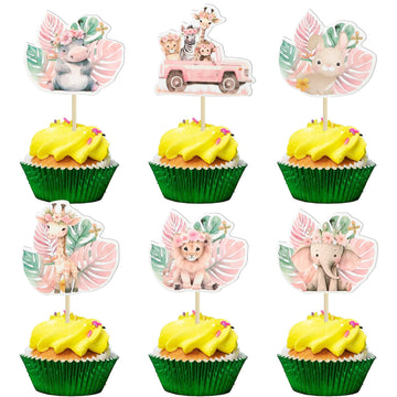 Gyufise 36Pcs Pink Safari Baby Shower Cupcake Topper Floral Jungle Animals Baby Cake Decorations Safari Theme Cupcakes Toppers F