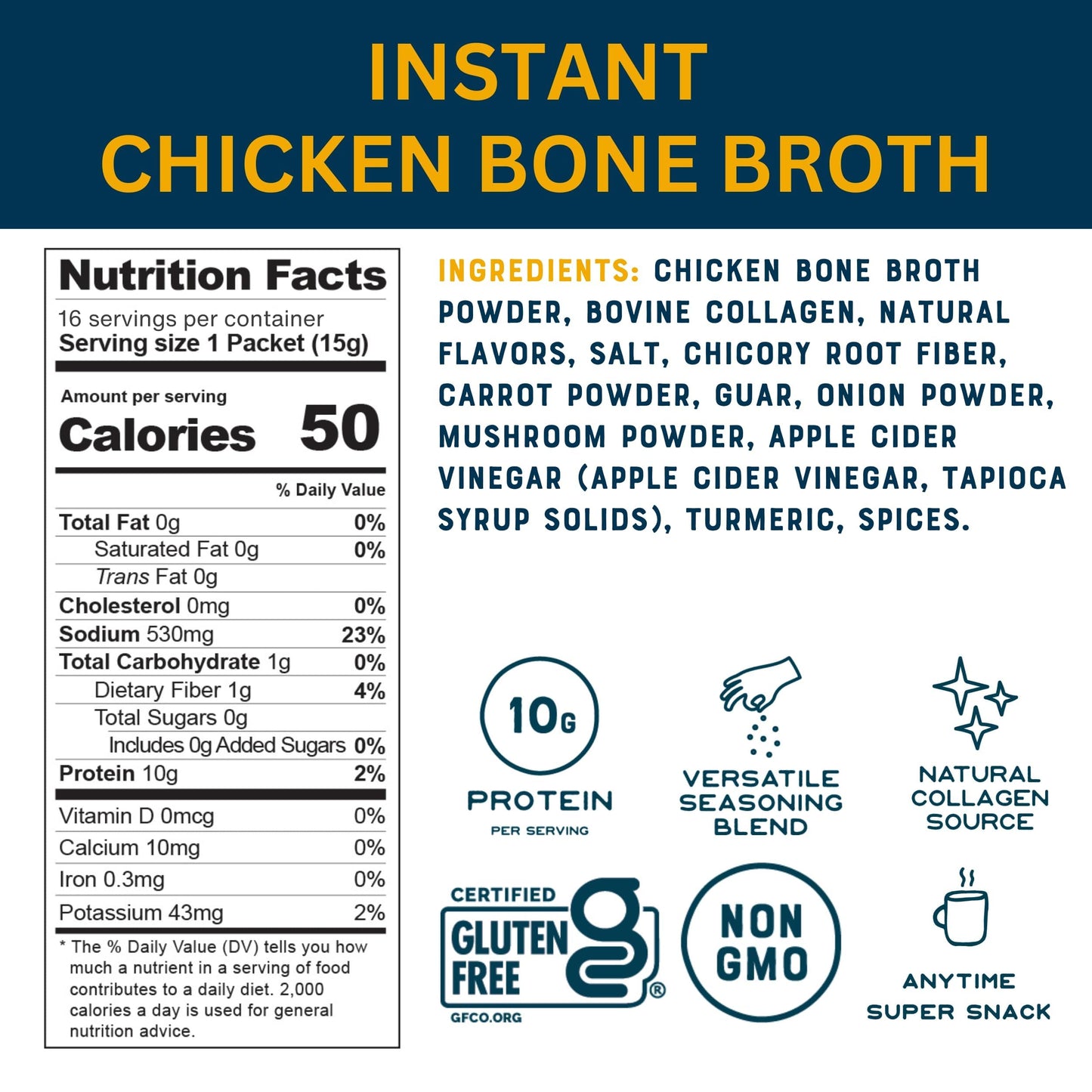 Bare Bones Bone Broth Instant Powdered Beverage Mix, Chicken, Pack of 16, 15g Sticks, 10g Protein, Keto & Paleo Friendly