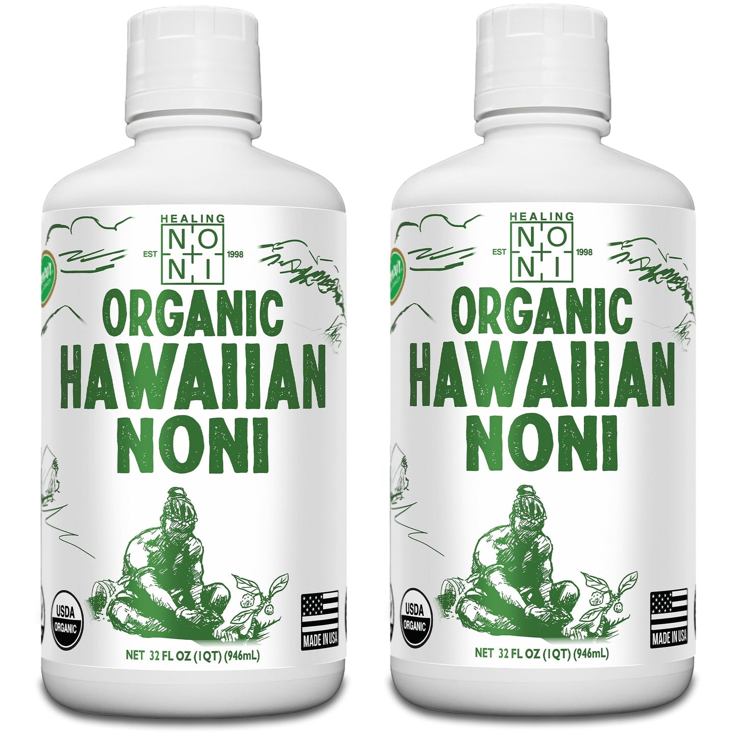 Healing Noni - 2-Pack Plastic Bottle 32oz - 100% Pure Hawaiian Organic Noni Juice - All-Natural - Farm Direct