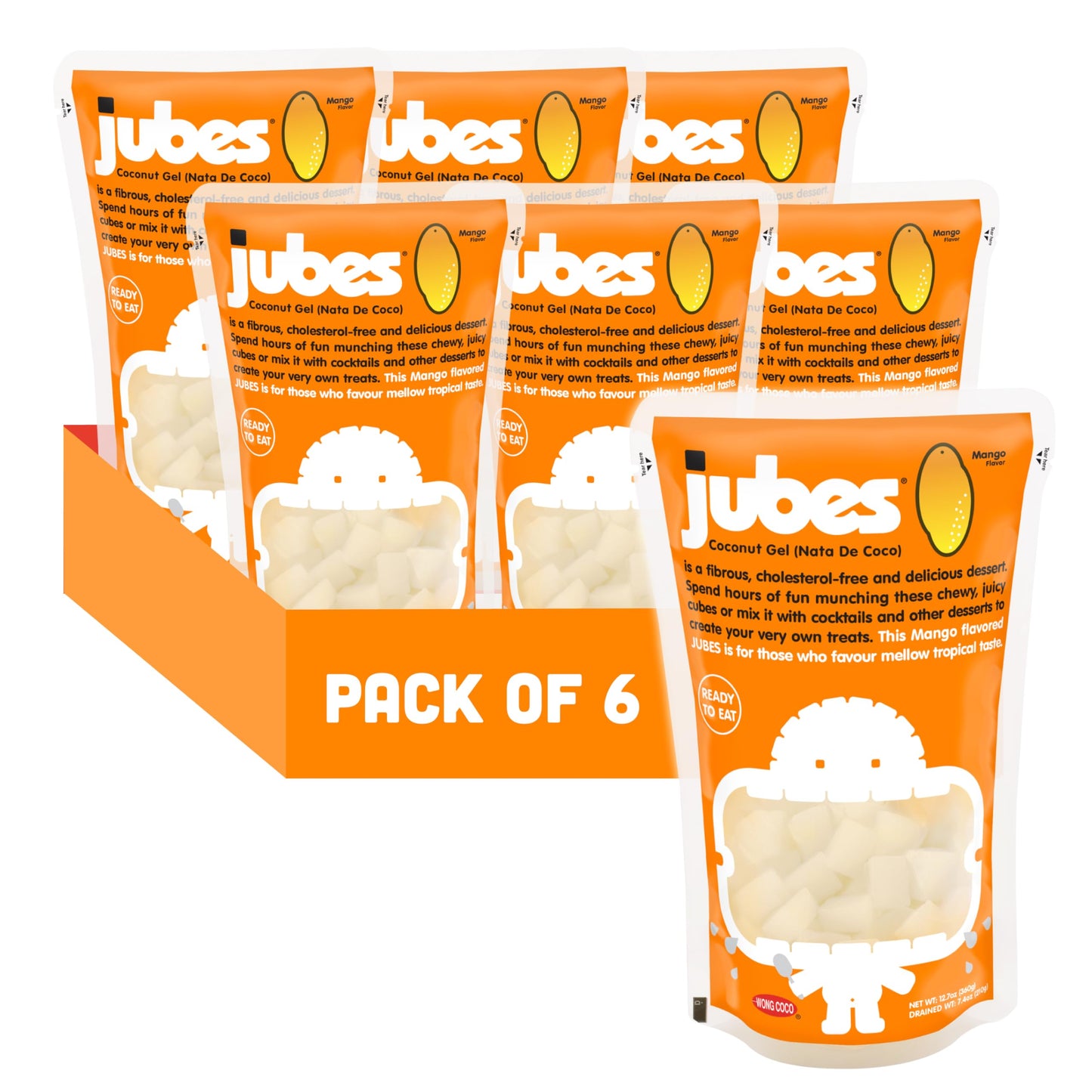 Jubes Mango Nata De Coco Jelly Cubes (12.7 oz, Pack of 6) - Mango Coconut Jelly Cubes for Sago - Coconut Gel in Syrup Toppings f