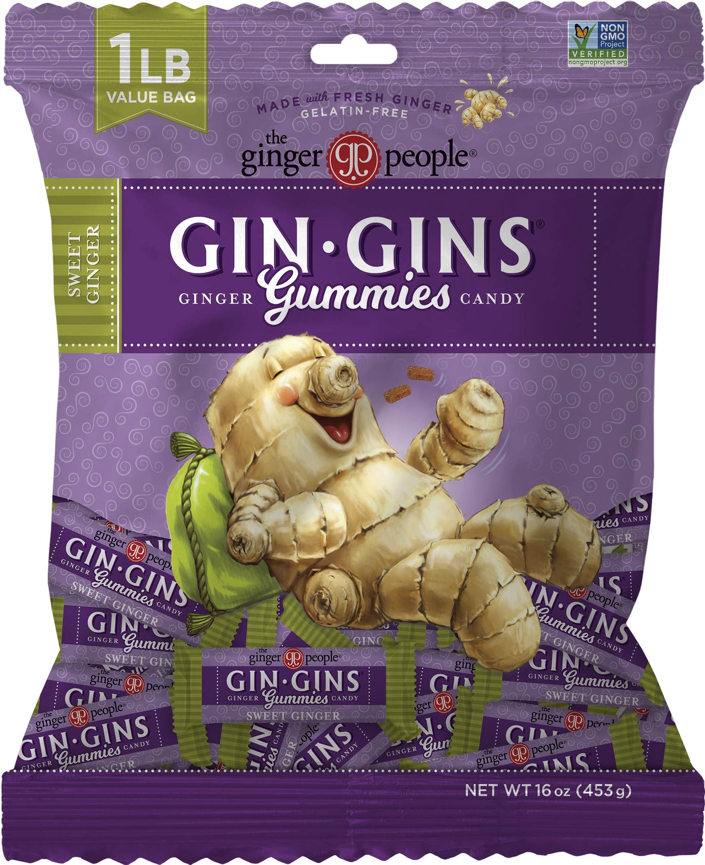 The Ginger People GIN GINS Sweet Ginger Gummies, 1 lb Bag, Purple, Model 53147
