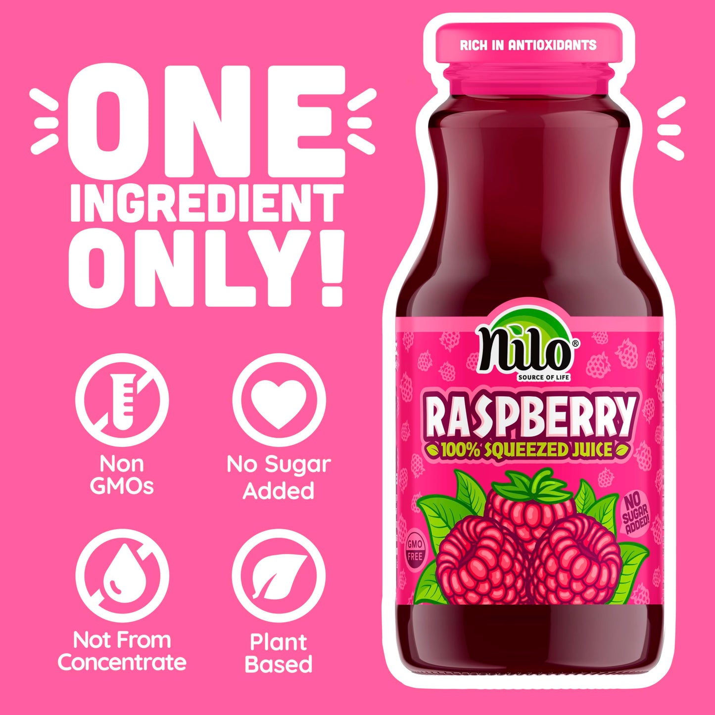 Nilo Raspberry Juice | 100% Squeezed Raspberry Frambuesa | No Sugar Added | Non Gmo | Not From Concentrate | 8.45 Oz (Pack Of 12