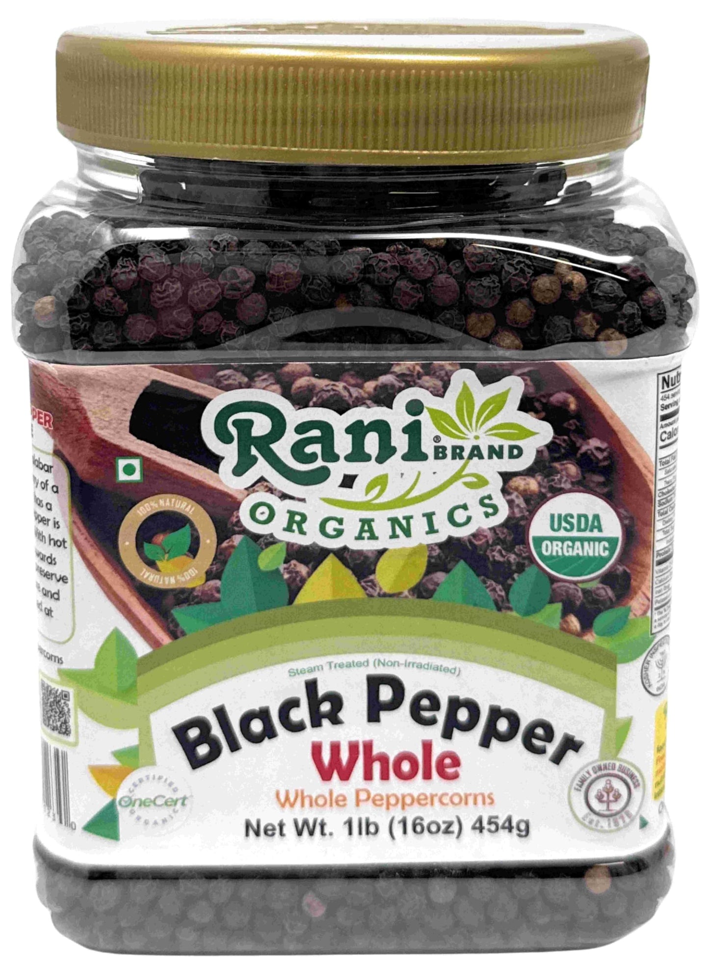 Rani Organic Black Pepper Whole (Peppercorns), Premium MG-1 Grade 16oz (1lb) 454g PET Jar ~ All Natural | Gluten Friendly | Non-