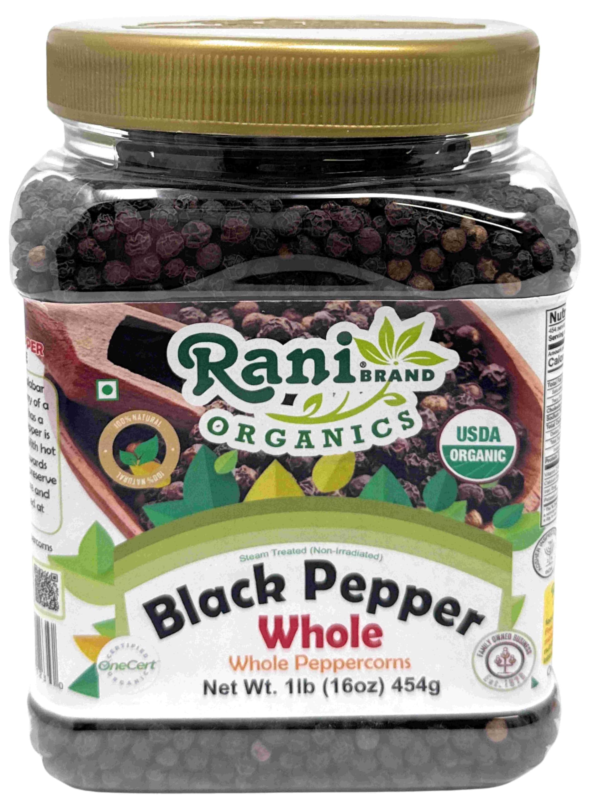 Rani Organic Black Pepper Whole (Peppercorns), Premium MG-1 Grade 16oz (1lb) 454g PET Jar ~ All Natural | Gluten Friendly | Non-