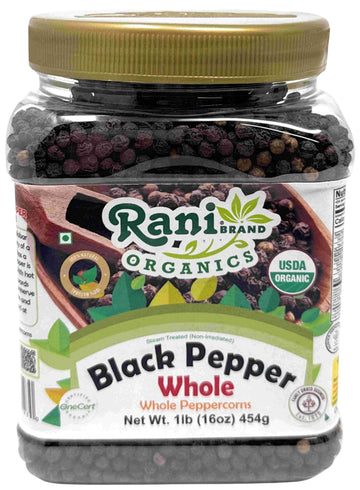 Rani Organic Black Pepper Whole (Peppercorns), Premium MG-1 Grade 16oz (1lb) 454g PET Jar ~ All Natural | Gluten Friendly | Non-