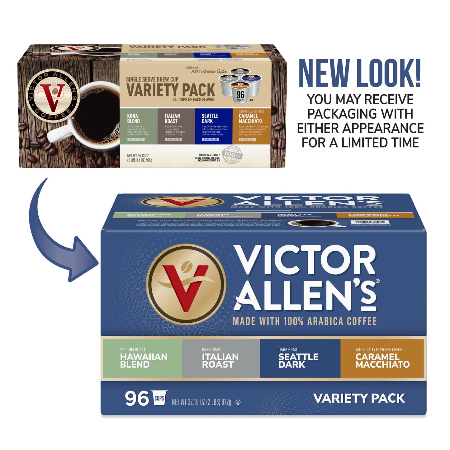 Victor Allens Coffee Variety Pack, Single Serve Pods, 96 Count, Kona Blend, Italian Roast, Seattle Dark, Caramel Macchiato, Brown