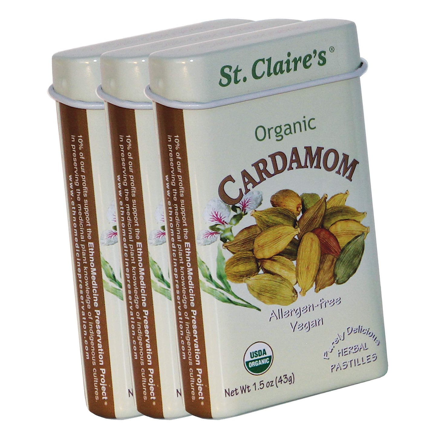 St. Claire'S Organic Herbal Pastilles, (Cardamom, 1.5 Ounce Tin, Bundle Of 3) | Gluten-Free, Vegan, Gmo-Free, Plant-Based, Aller