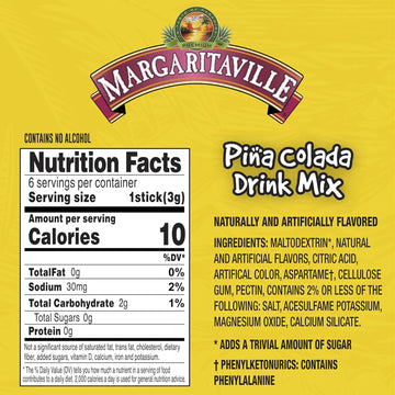 Margaritaville Singles To Go Water Drink Mix, Pina Colada Flavor, Non-  ic, 0.7 Ounce (Pack of 4), Model 072392334636