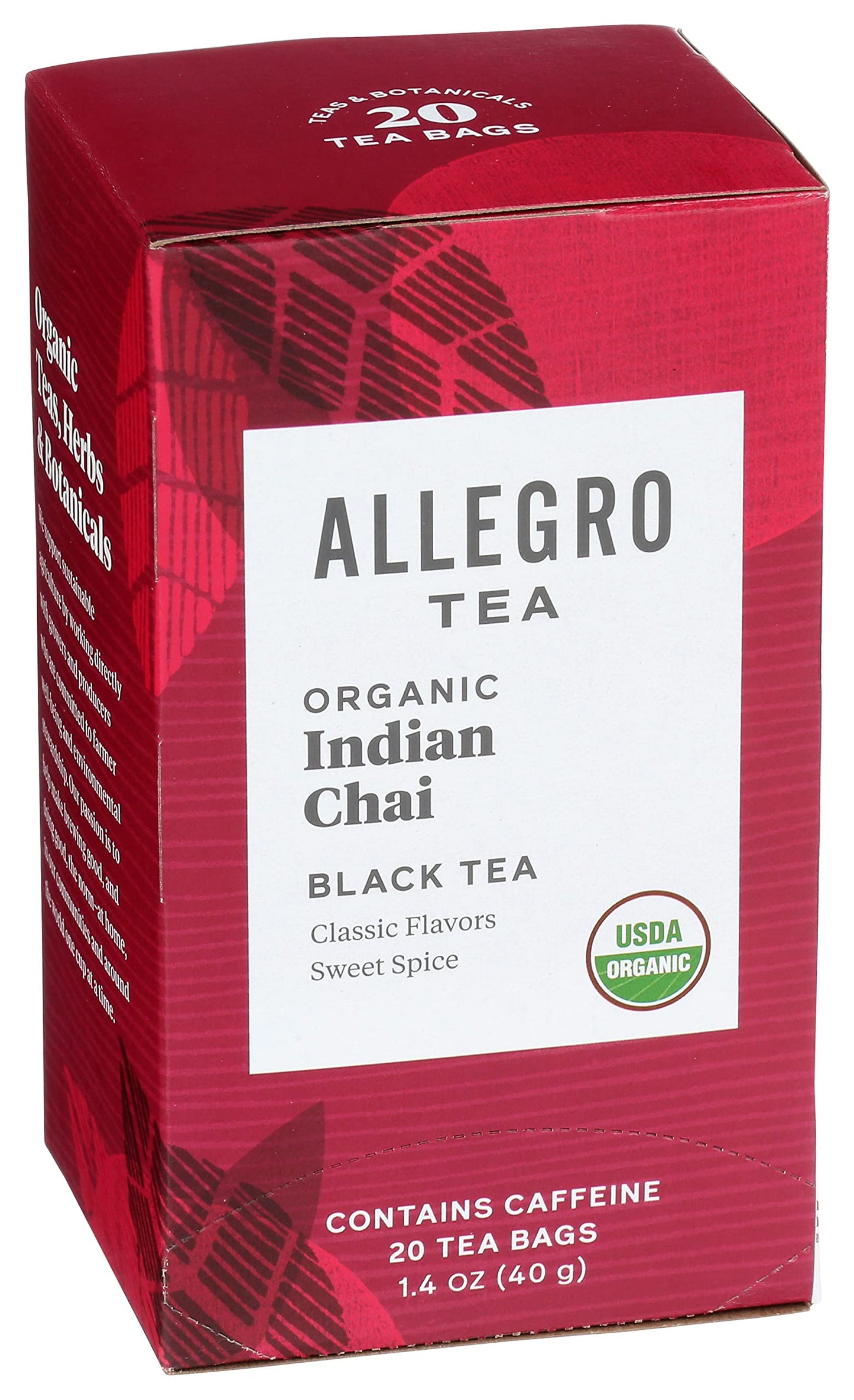 Allegro Organic Indian Chai Tea Bags, 20 Count - Premium Quality Herbal Infusion for a Soothing Experience
