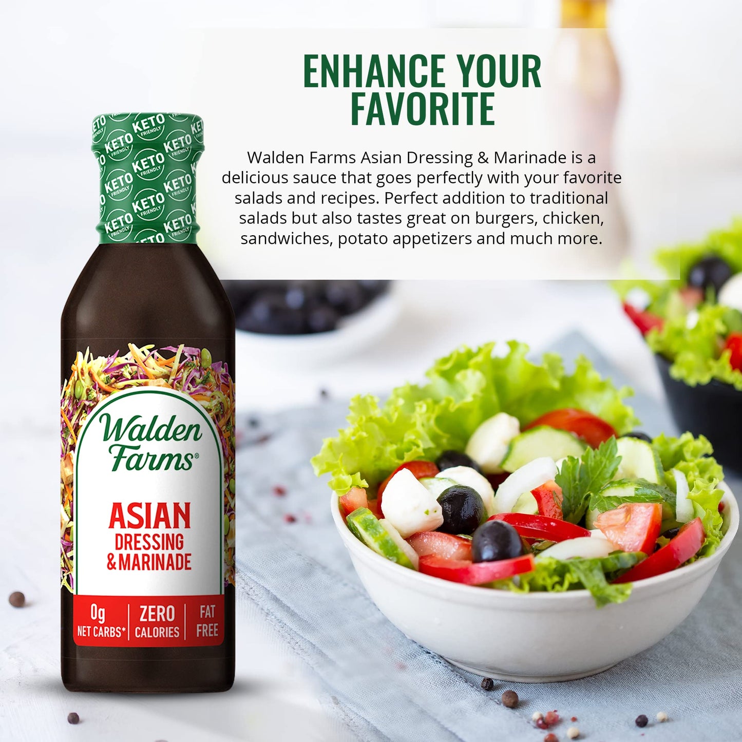 Walden Farms Asian Zero Calorie Dressing & Marinade 12 oz Bottle - Fresh and Delicious, 0g Net Carbs Condiment, Kosher Certified
