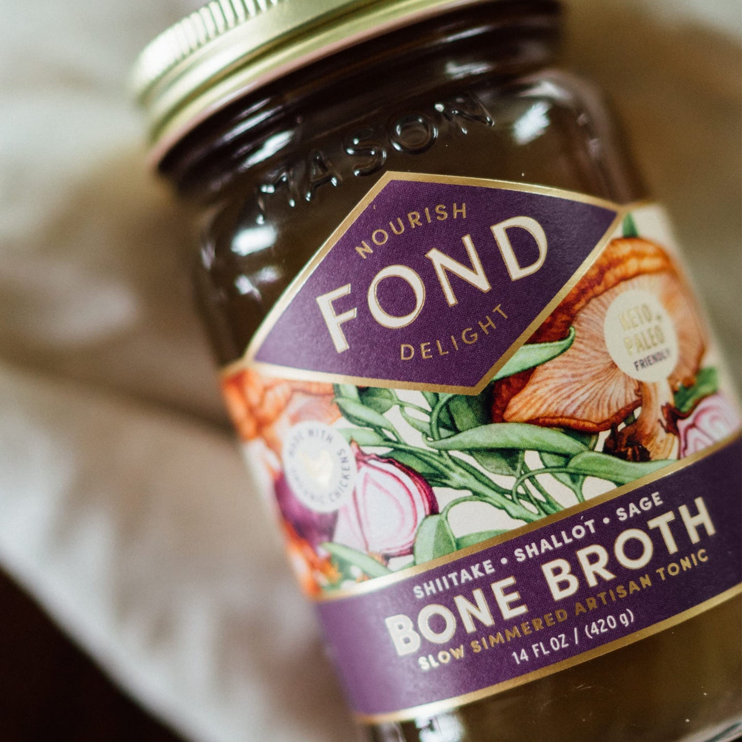 FOND Regenerative Pasture-Raised Chicken Bone Broth Infused with Organic Shiitake & Sage - Slow-Simmered Chicken Broth for Rich