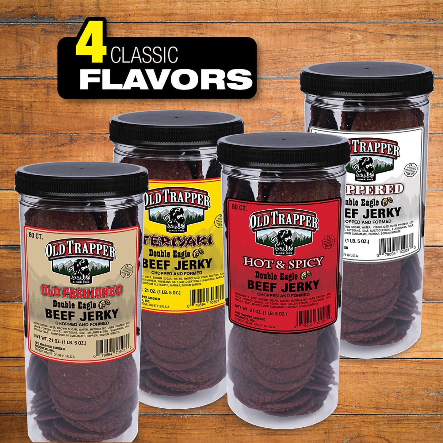 Old Trapper Beef Jerky, Teriyaki Flavor, 21oz Jar, 80 Pieces, 10g Protein, 80 Calories, Pack of 1