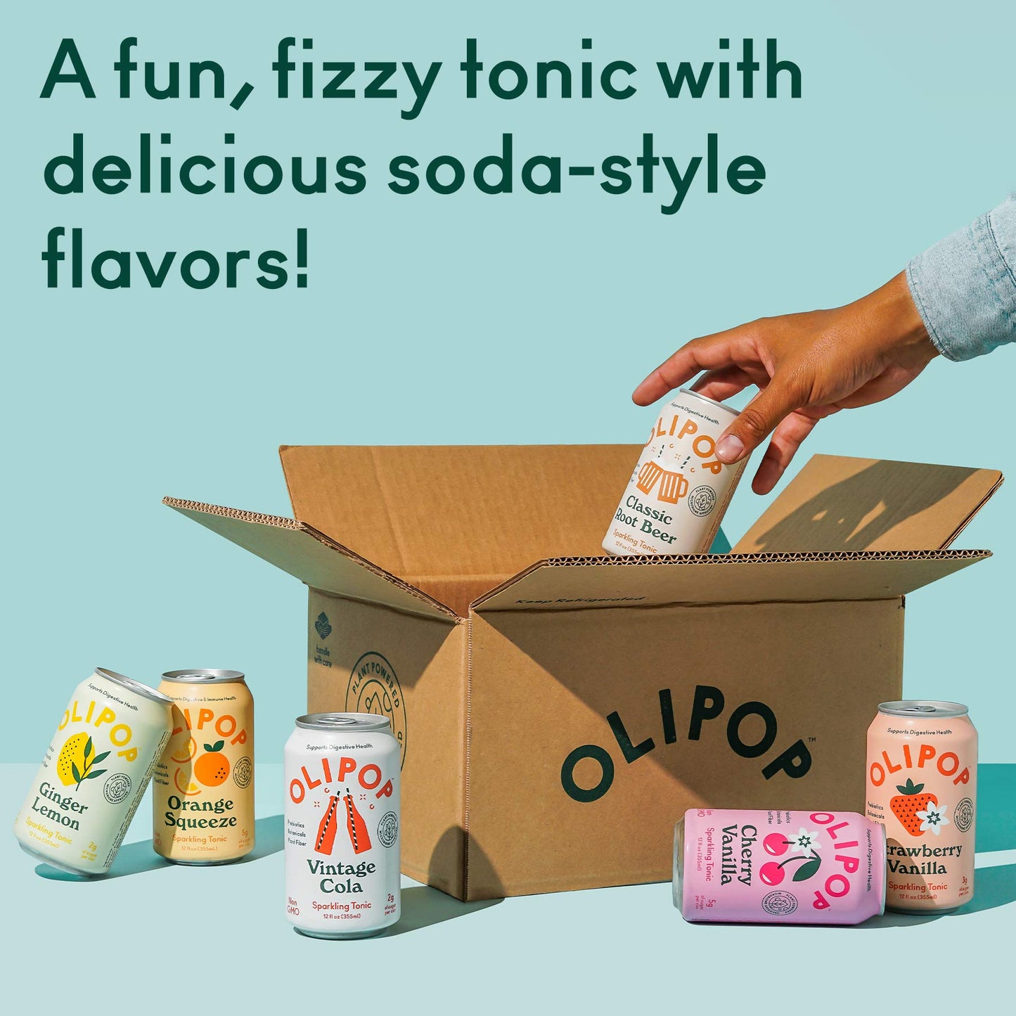 OLIPOP 5-Flavor Soda Variety Pack, Prebiotic Soft Drinks, Low Calorie, Vegan, 12 oz, Pack of 10