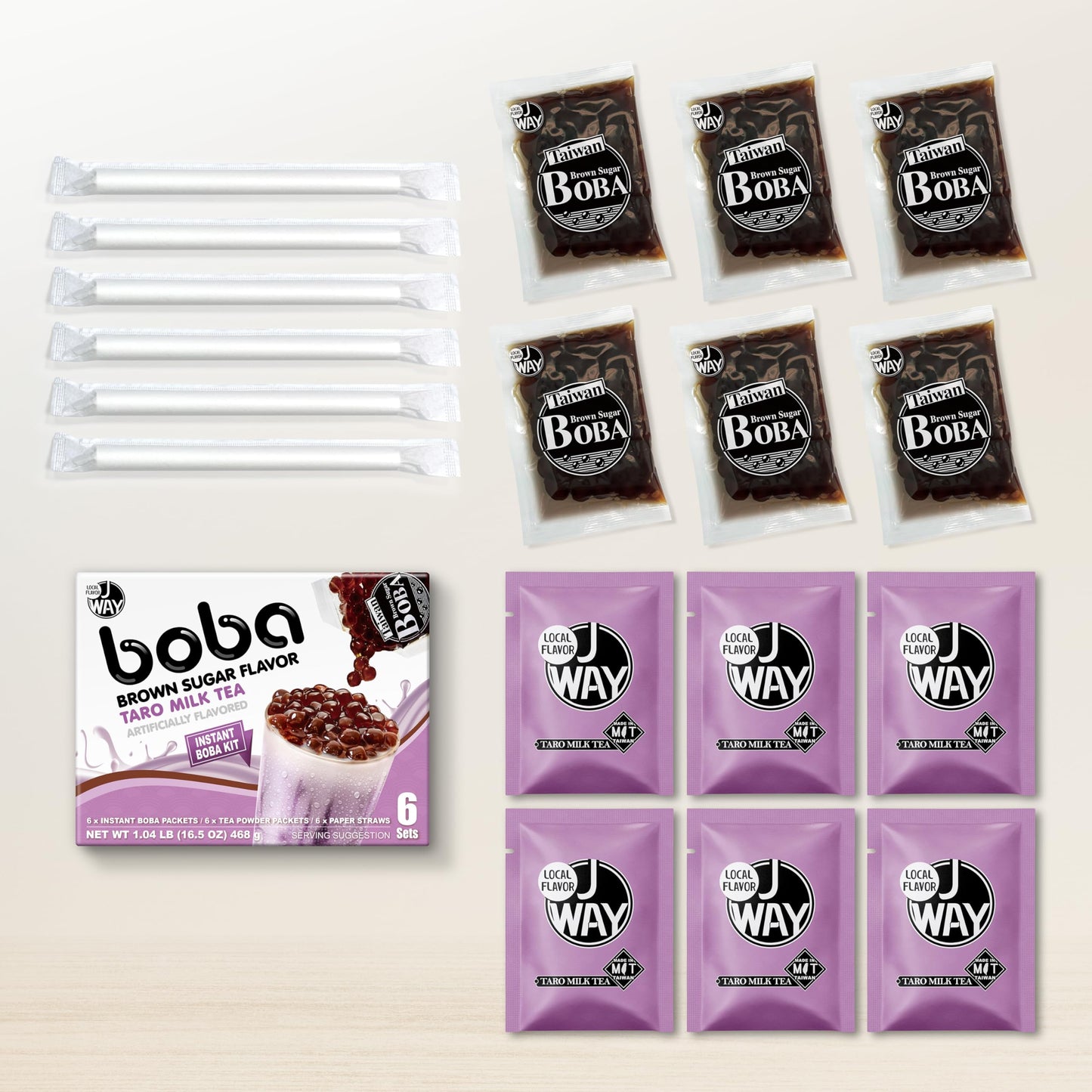 J WAY Instant Boba Taro Milk Tea Kit - Authentic Brown Sugar Tapioca Boba, 16.5 Ounce, 6 Servings, Paper Straws Included