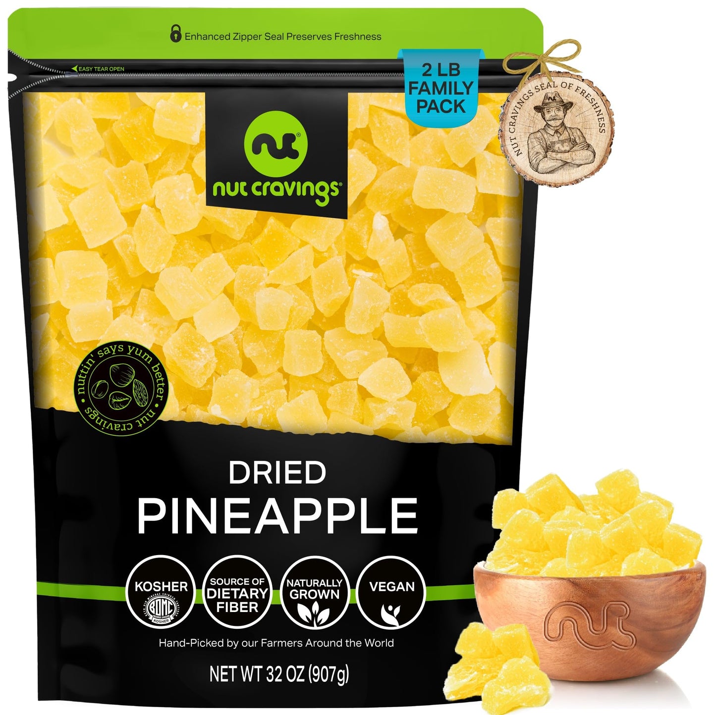 NUT CRAVINGS - Sun Dried Pineapple Chunks, Lightly Sweetened (32oz, 2 LB) Bulk Dry Fruits Packed Fresh in Resealable Bag - Sweet