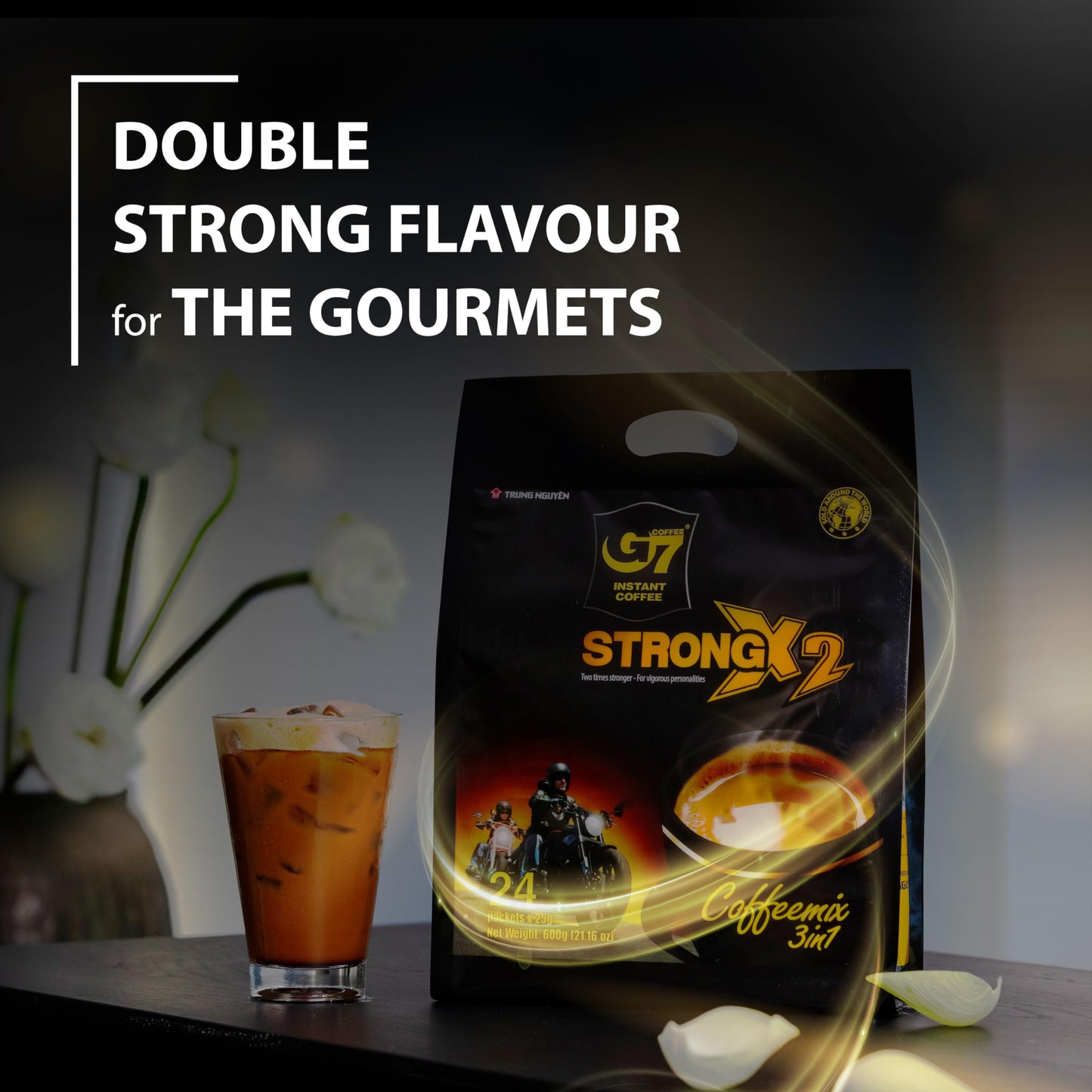 Trung Nguyen G7 3-In-1 Strong X2 Instant Coffee For Energy Boost - Roasted Ground Coffee Blend With Non-Dairy Creamer And Sugar