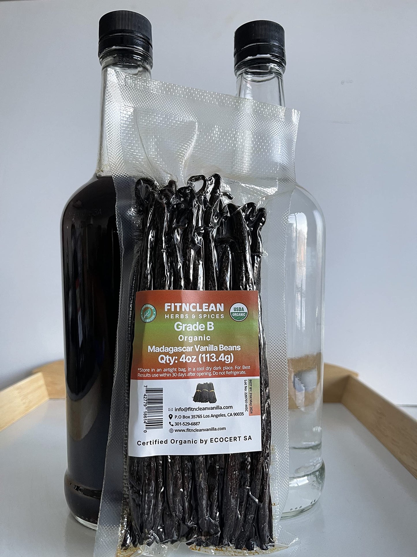 FITNCLEAN VANILLA 4oz Madagascar Organic Vanilla Beans B Grade - Certified USDA Organic, Non-GMO Pods for Cooking and Baking