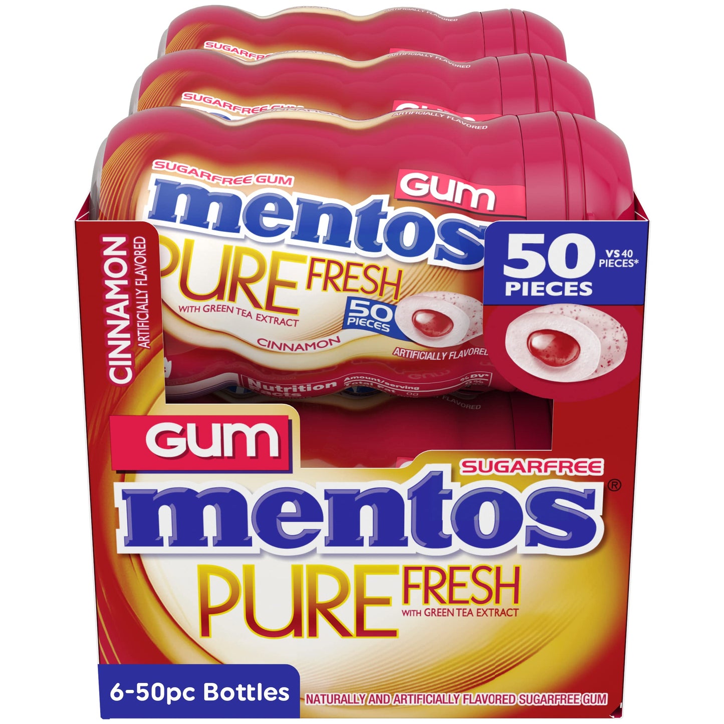 Mentos Pure Fresh Sugar-Free Chewing Gum With Xylitol, Cinnamon, Bulk, 50 Piece Bottle (Pack Of 6)