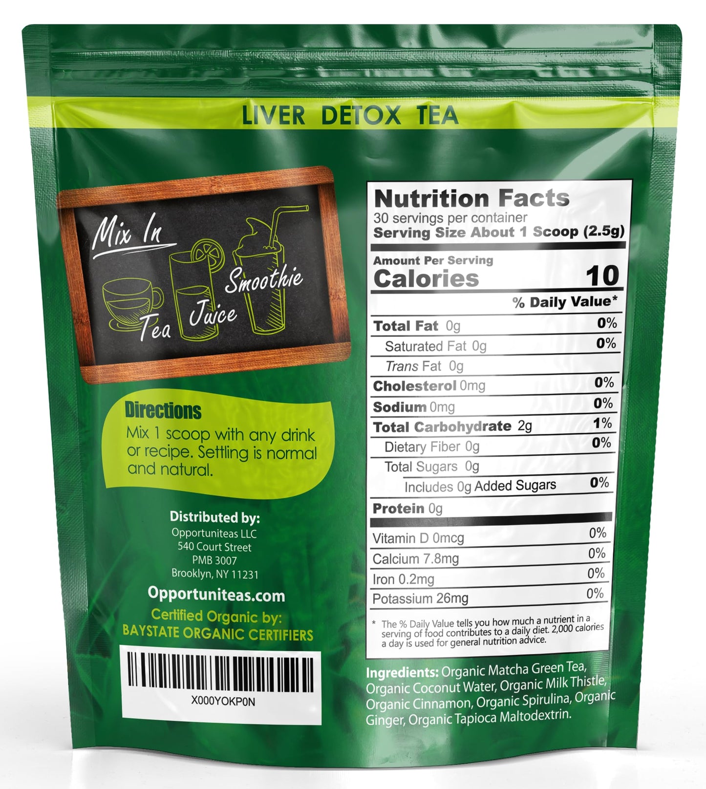 Opportuniteas Organic Liver Detox Tea Powder - Matcha, Milk Thistle, Spirulina - 2.6 oz - Green