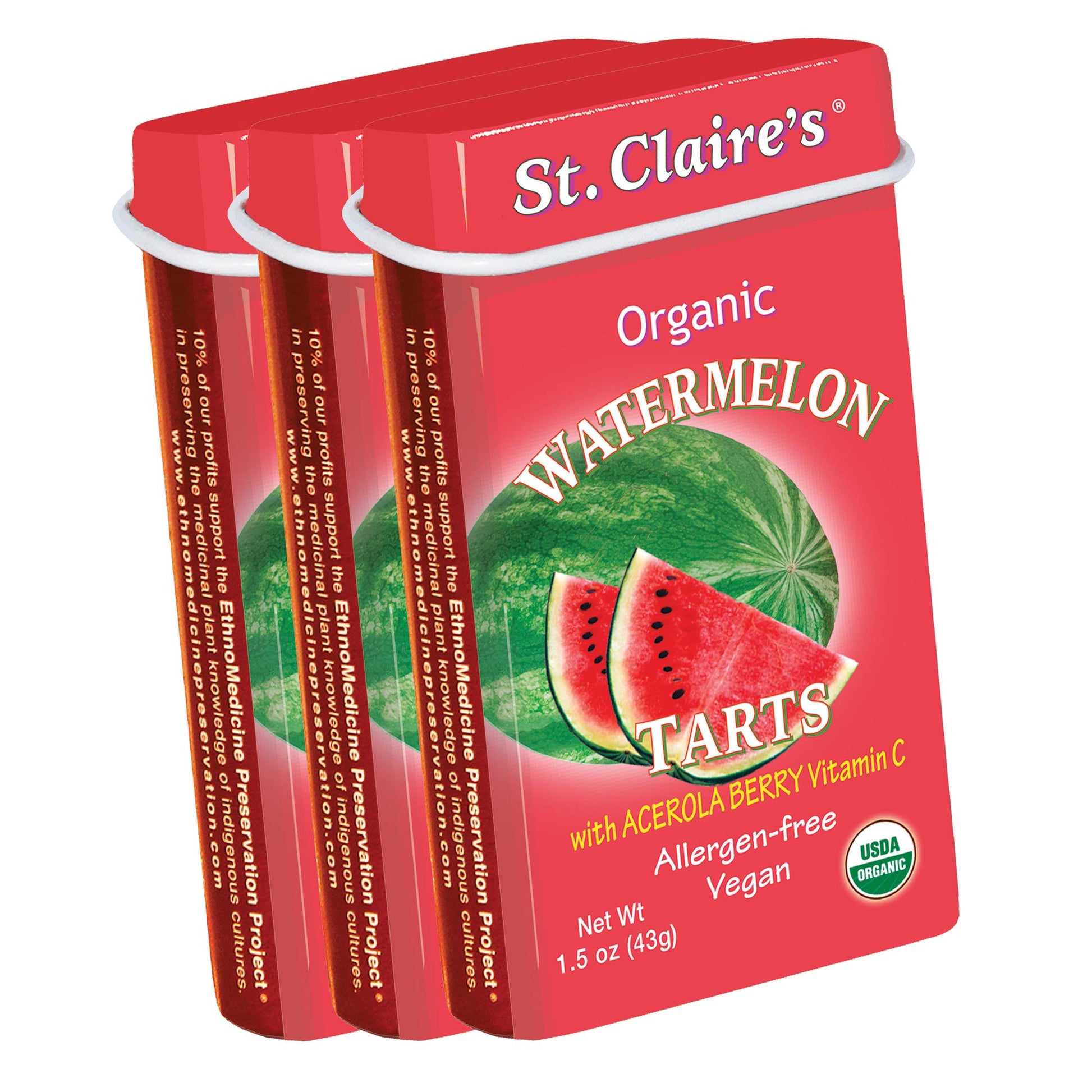 St. Claires Organic Fruit Tart Candies, (Watermelon, 1.5 Ounce Tin, Bundle of 3) | Gluten-Free, Vegan, GMO-Free, Plant-based, A