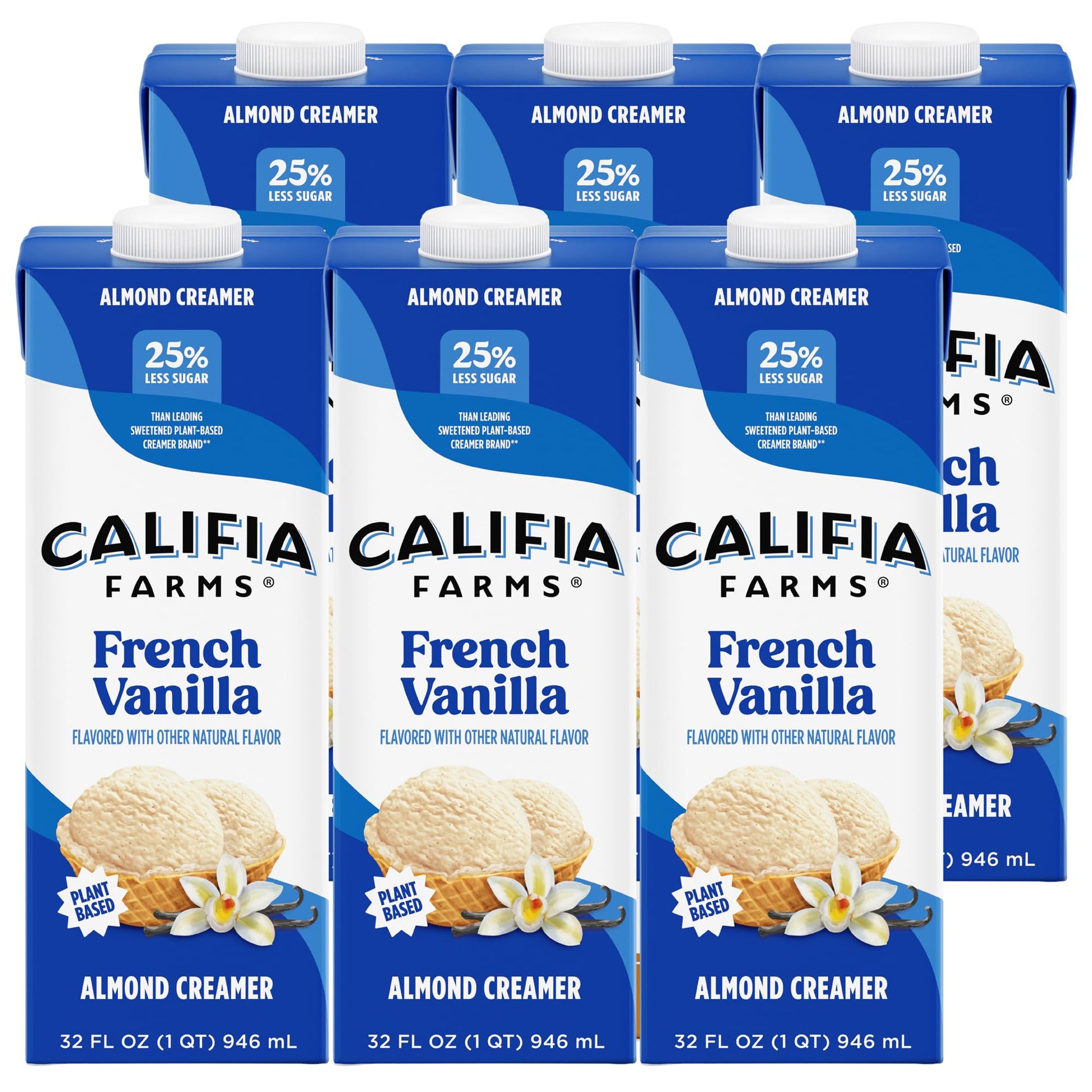 Califia Farms - French Vanilla Almond Milk Coffee Creamer, 32 Oz (Pack of 6), Shelf Stable, Dairy Free, Plant Based, Vegan, Glut