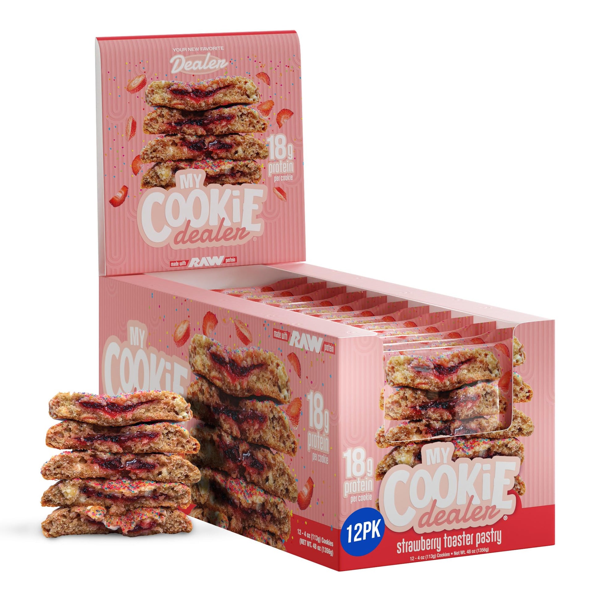 My Cookie Dealer Soft Baked Protein Cookies, Strawberry Toaster Pastry (12-Pack, 4Oz Cookie) - 18G Protein Per Cookie (Made With