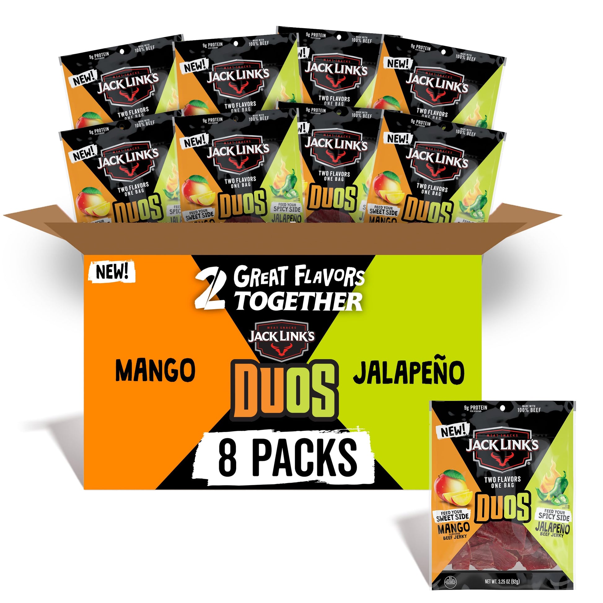 Jack Link s DUOs Jalapeo and Mango Beef Jerky, Shareable Under 100 Calories Snack Packs with 9g of Protein, Bulk Pack of Indivi