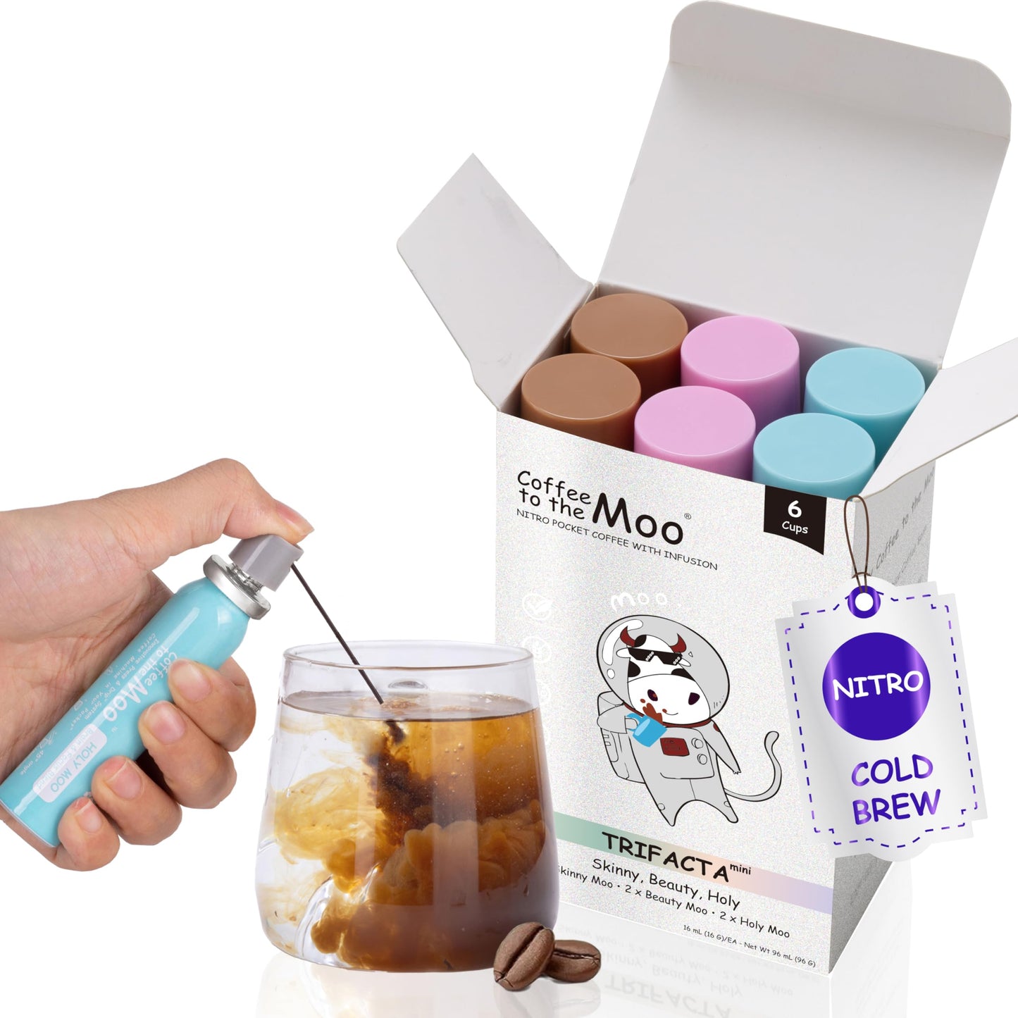 Coffee to the Moo Nitro Cold Brew Coffee Concentrate Mix Pack, KETO, Collagen & Mushroom, 6 Cups, Travel Friendly, Instant Hot or Iced