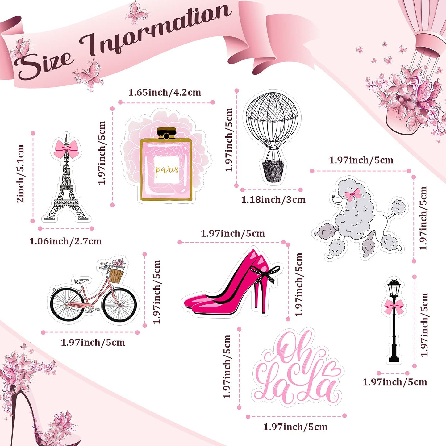 Spakon 48 Pcs Paris Cake Decoration Paris Cupcake Topper Pick Paris Eiffel Tower Bicycle High Heel Perfume Hot Balloon Oh La La