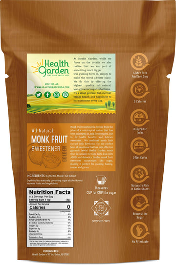 Health Garden Monk Fruit Sweetener, Golden- Non Gmo - Gluten Free - Sugar Substitute - Kosher - Keto Friendly (1 Lb)