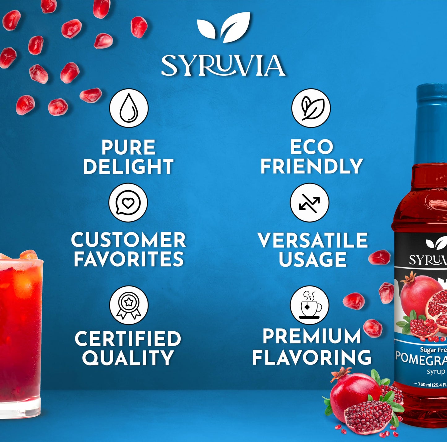 Syruvia Sugar-Free Pomegranate Syrup - 25.4 fl oz. enhanced Flavoring Syrup. 0 Calories  Kosher  and Gluten-Free. Ideal for Enhancing Tea  Italian Sodas  Beverages  Desserts  Ice Cream  Cocktails  and Mocktails.