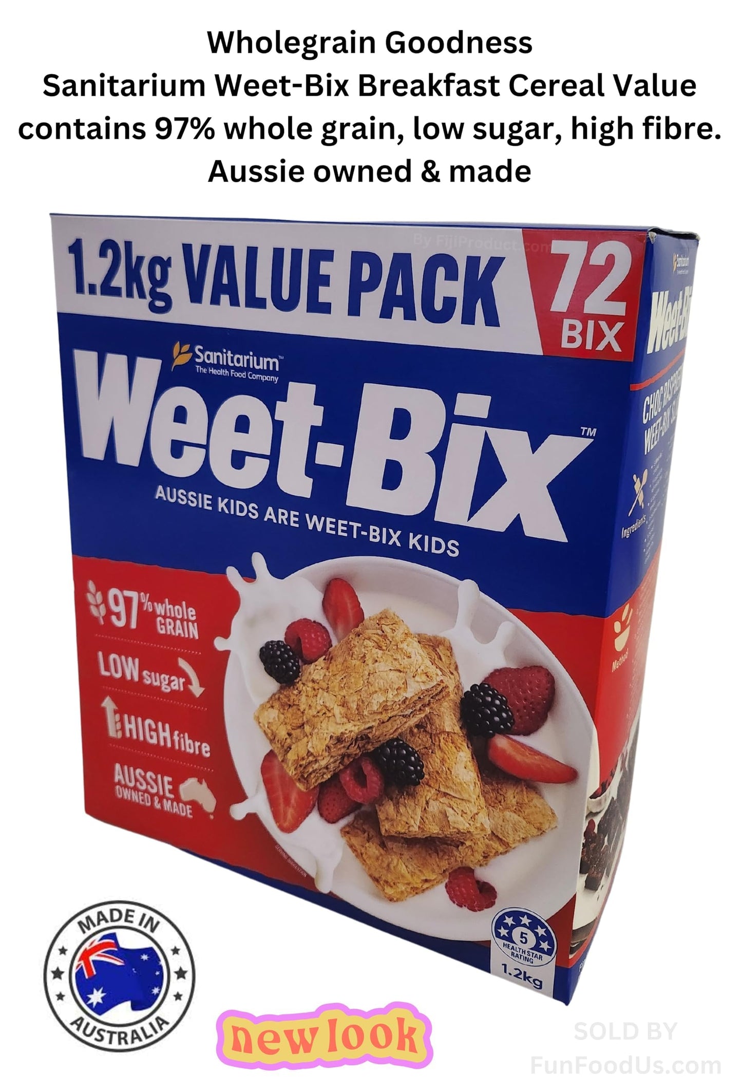 Aussie Made Weet-Bix 97% Wholegrain (1.2Kg Value Pack 72 Bix) By Sanitarium Health Food Company Australia. Low In Sugar. Goodnes