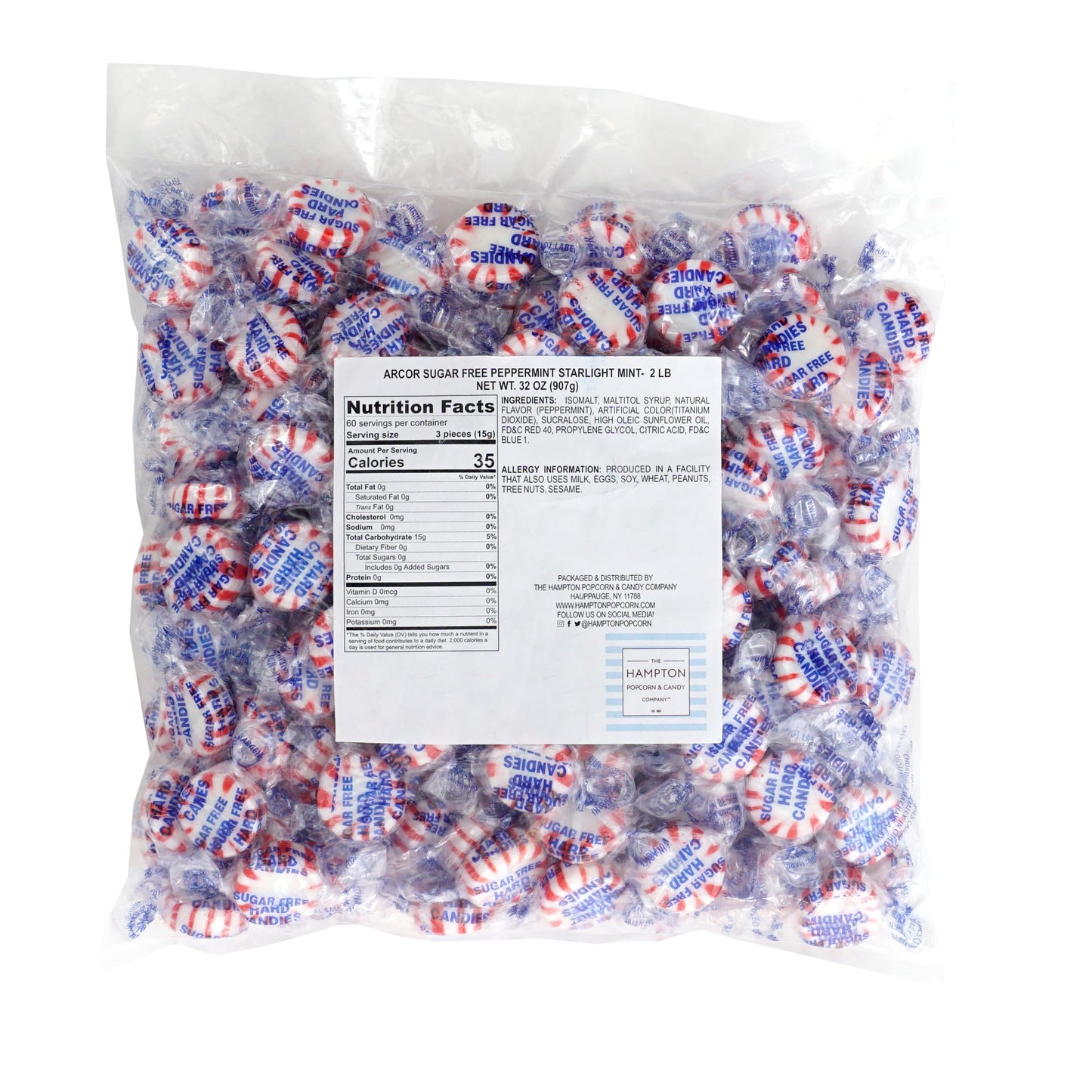 Arcor Sugar Free Peppermint Starlight Mints  2 Pound Bulk Bag (Approx 140 Pieces)  Individually Wrapped Hard Candy  The Hampton Popcorn & Candy Company