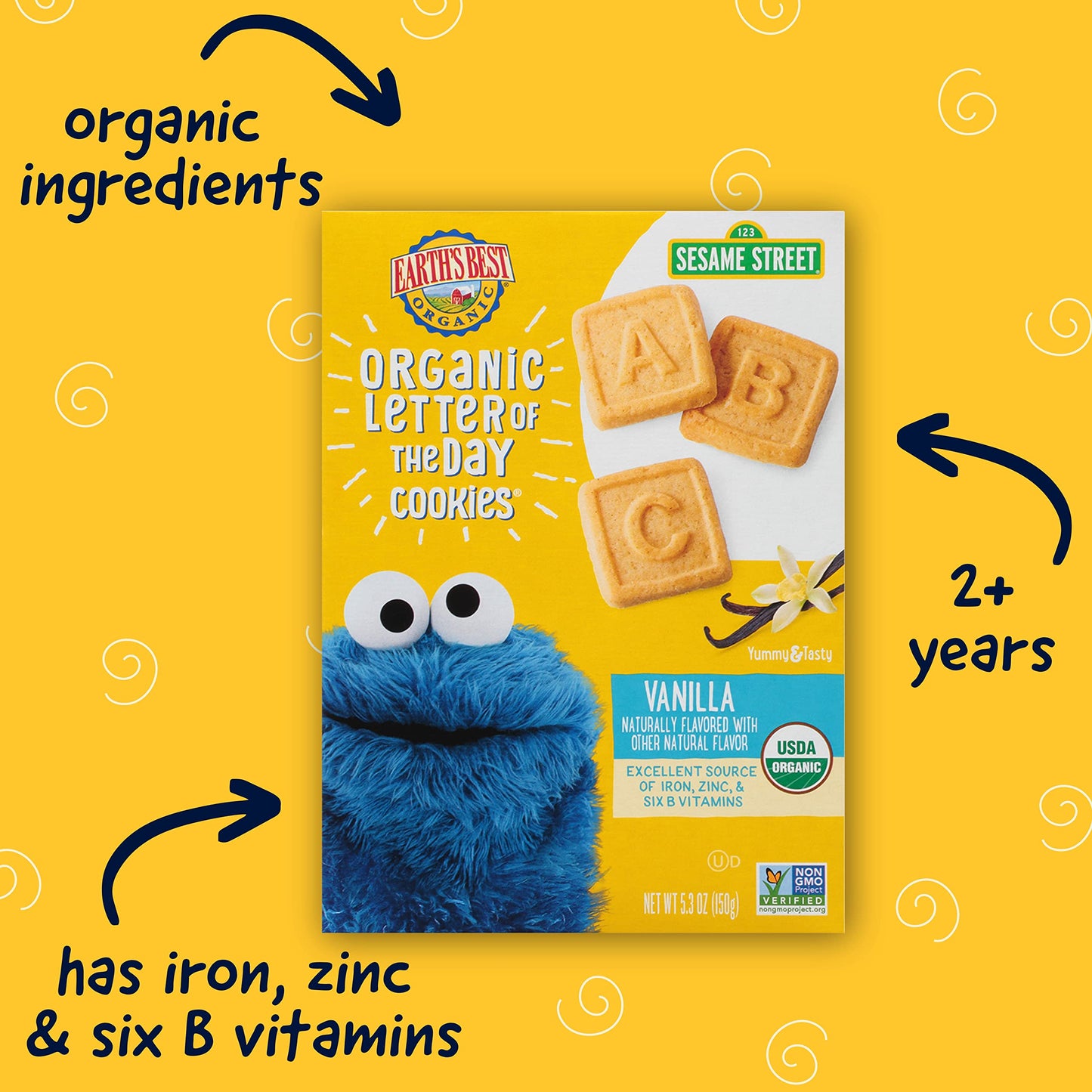 Earths Best Organic Letter of the Day Cookies for Toddlers 2 Years Old and Up, Vanilla Flavor, 5.3 Ounce Box