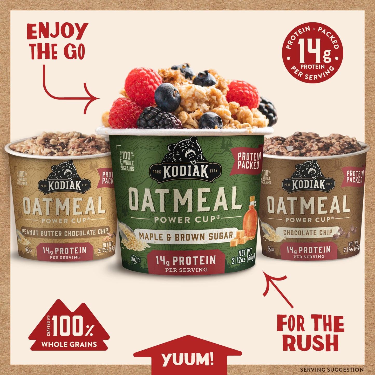 Kodiak Cakes Instant Oatmeal Cup Variety Pack: Peanut Butter Chocolate Chip, Maple & Brown Sugar, & Chocolate Chip