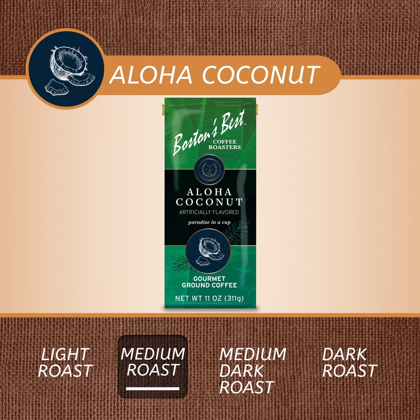 Bostons Best Coffee Aloha Coconut Flavored Gourmet Ground Coffee, 11 oz Bag