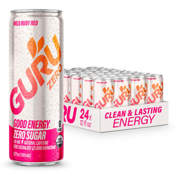 GURU Energy Drink Wild Ruby Red, Zero Sugar, Plant-Based Caffeine, 12 Fl Oz (Pack of 24)