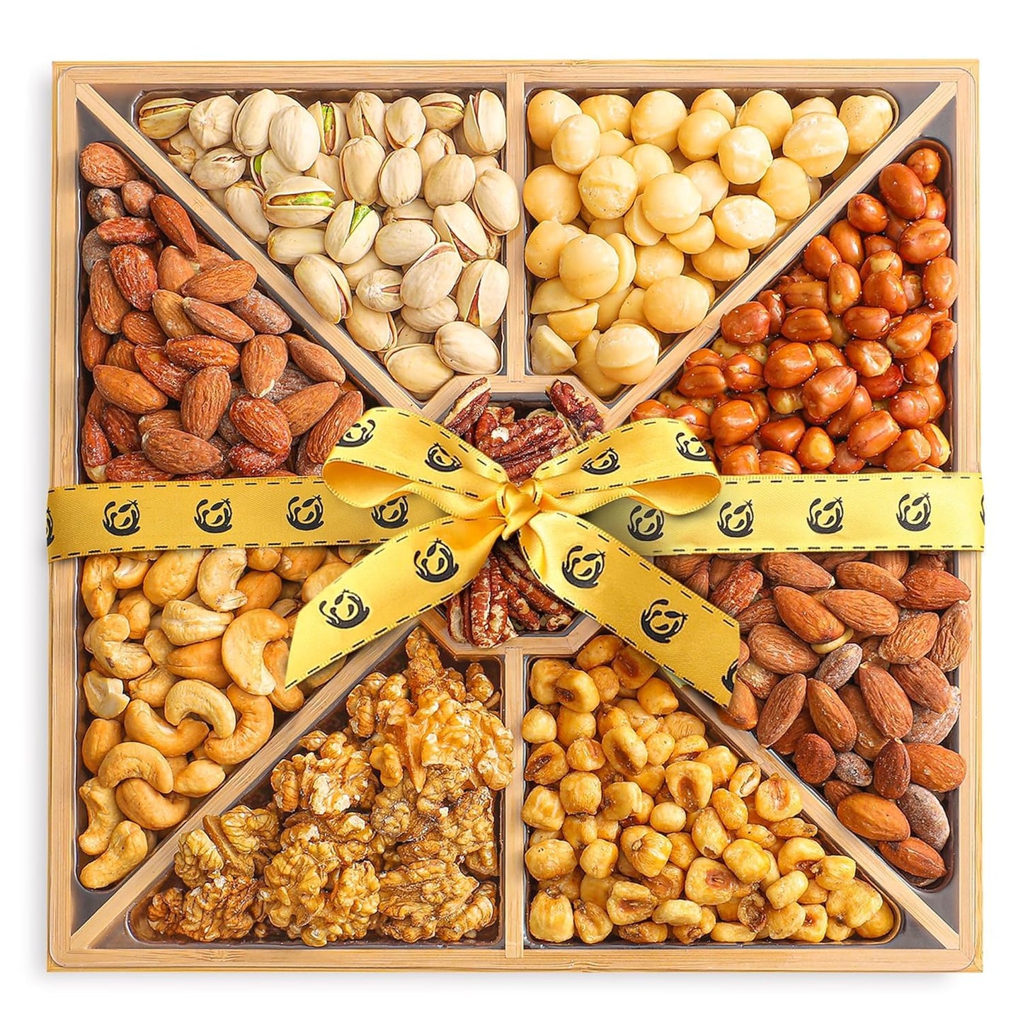 Gourmet Mixed Nuts Gift Basket In Sleek Bamboo Wood Reusable Platter | Xl 2 Lb Platter Includes 9 Assortments Of Enhanced Nuts, Kosher