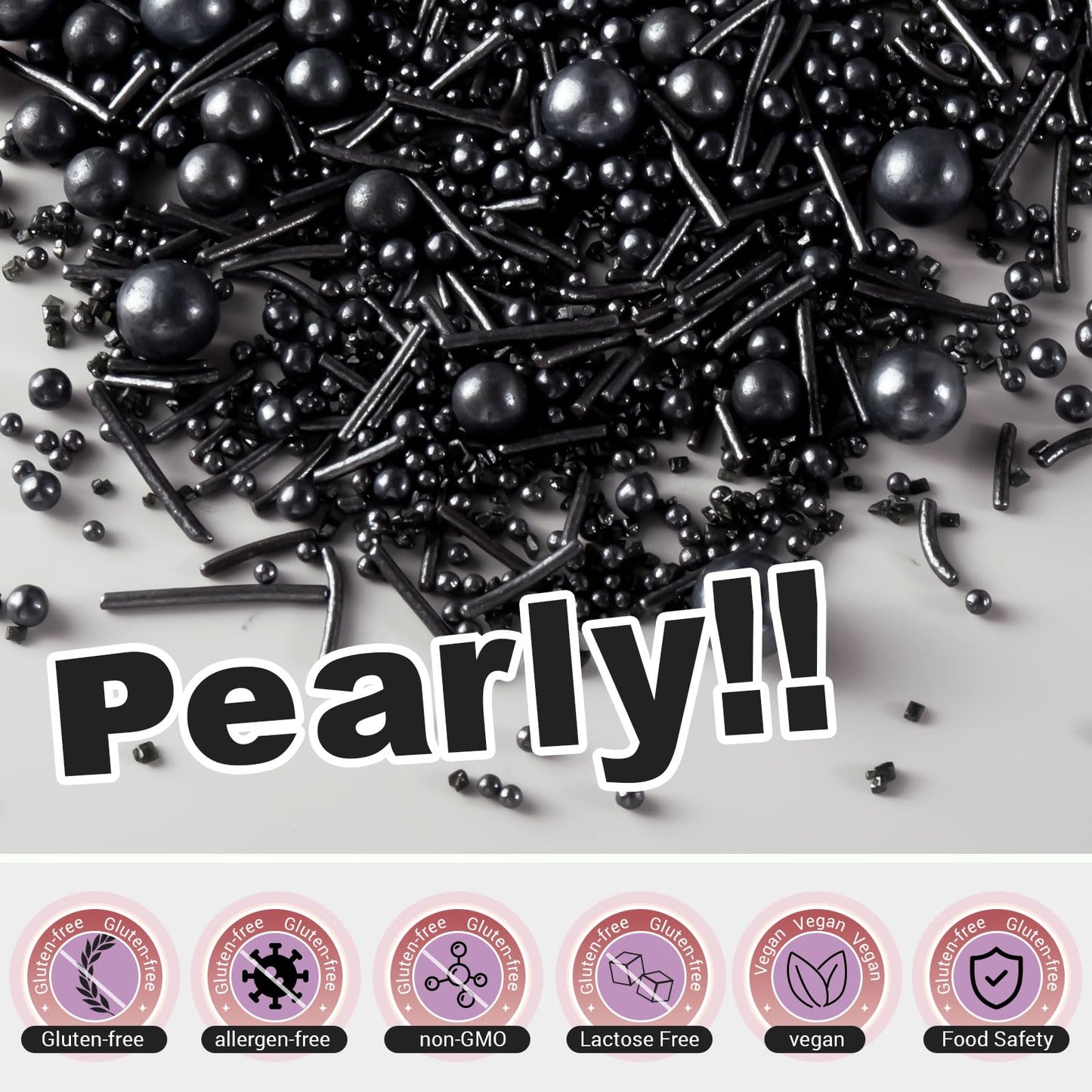 HUEBEATY 6-in-1 Black Edible Cake Pearls Sprinkles for Cake Cookies Decorating and Baking | 180g/6.36oz | Black Sanding Sugar fo