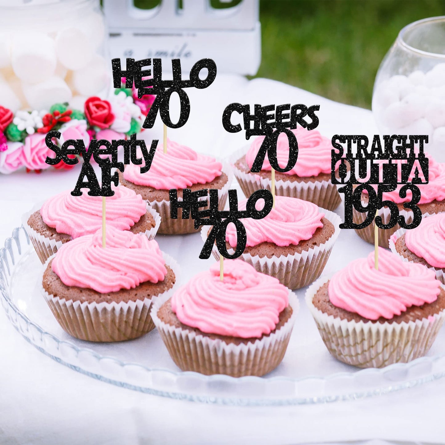Gyufise 24 Pack Black 70Th Birthday Cupcake Toppers Glitter Seventy Hello 70 Straight Outta 1953 Cupcake Picks For Cheers To 70