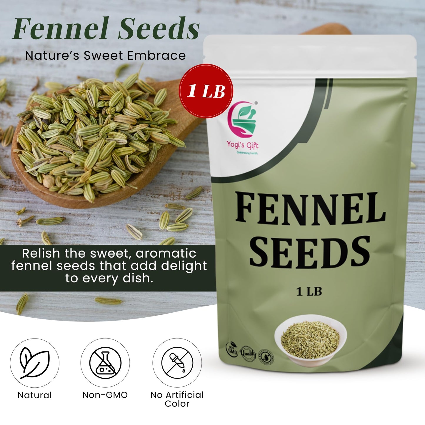Fennel Seeds 1 Lb, 100% Pure & Natural Whole Fennel, Enhanced Quality Spice For Cooking & Tea, Fresh & Aromatic - By Yogi’S Gift®